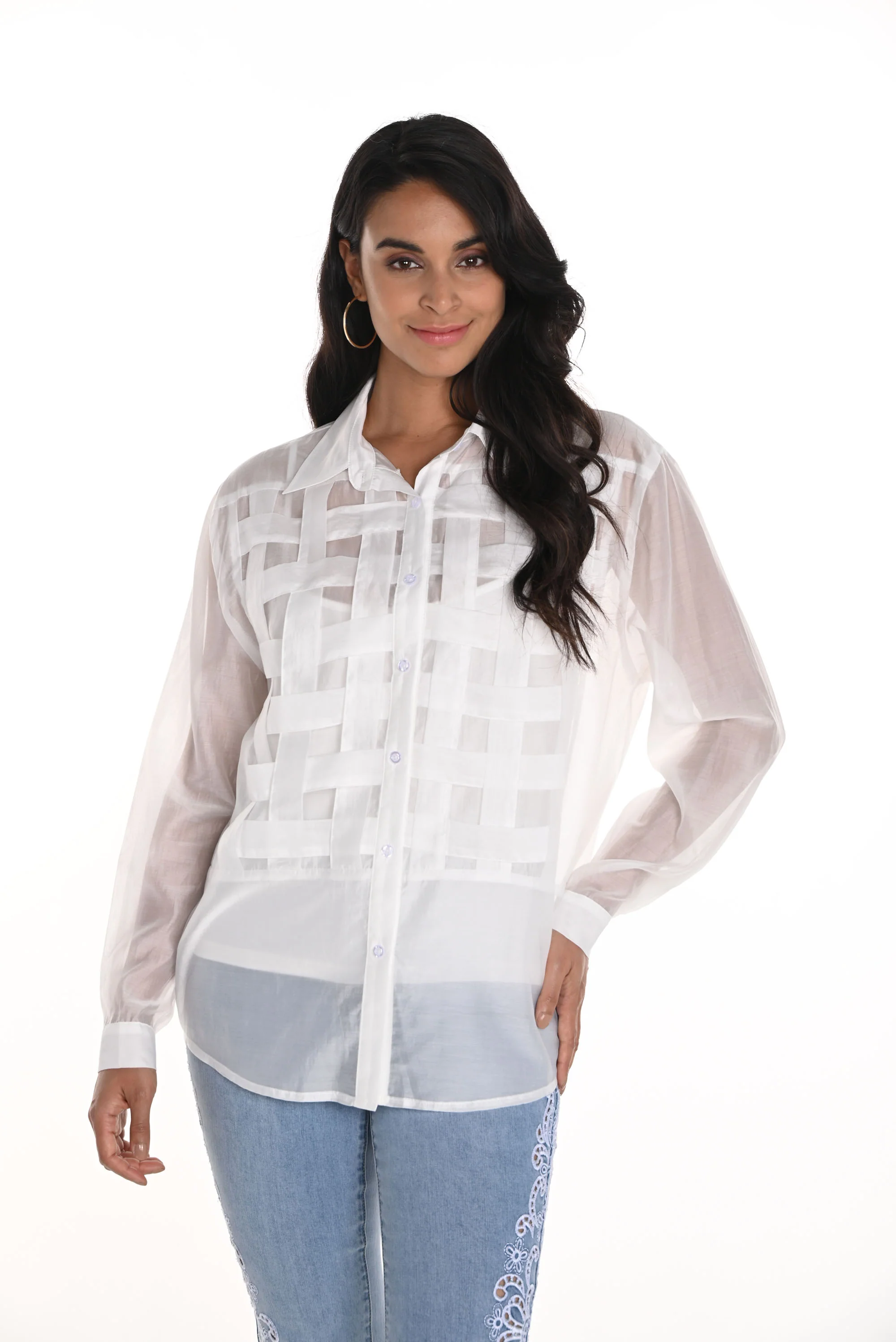 Frank Lyman Off-White Checkered Sheer Blouse Style 256817U