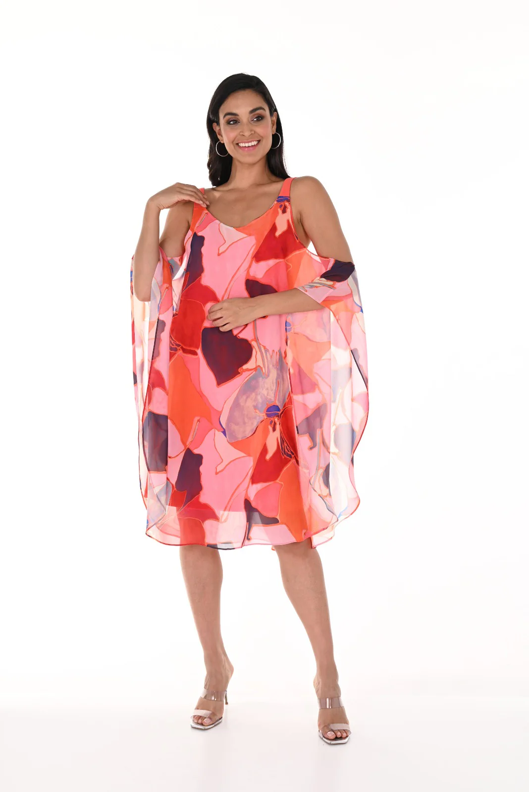 Frank Lyman Orange/Multi Sleeveless Chiffon Cape Dress Style 246142 - Image 3