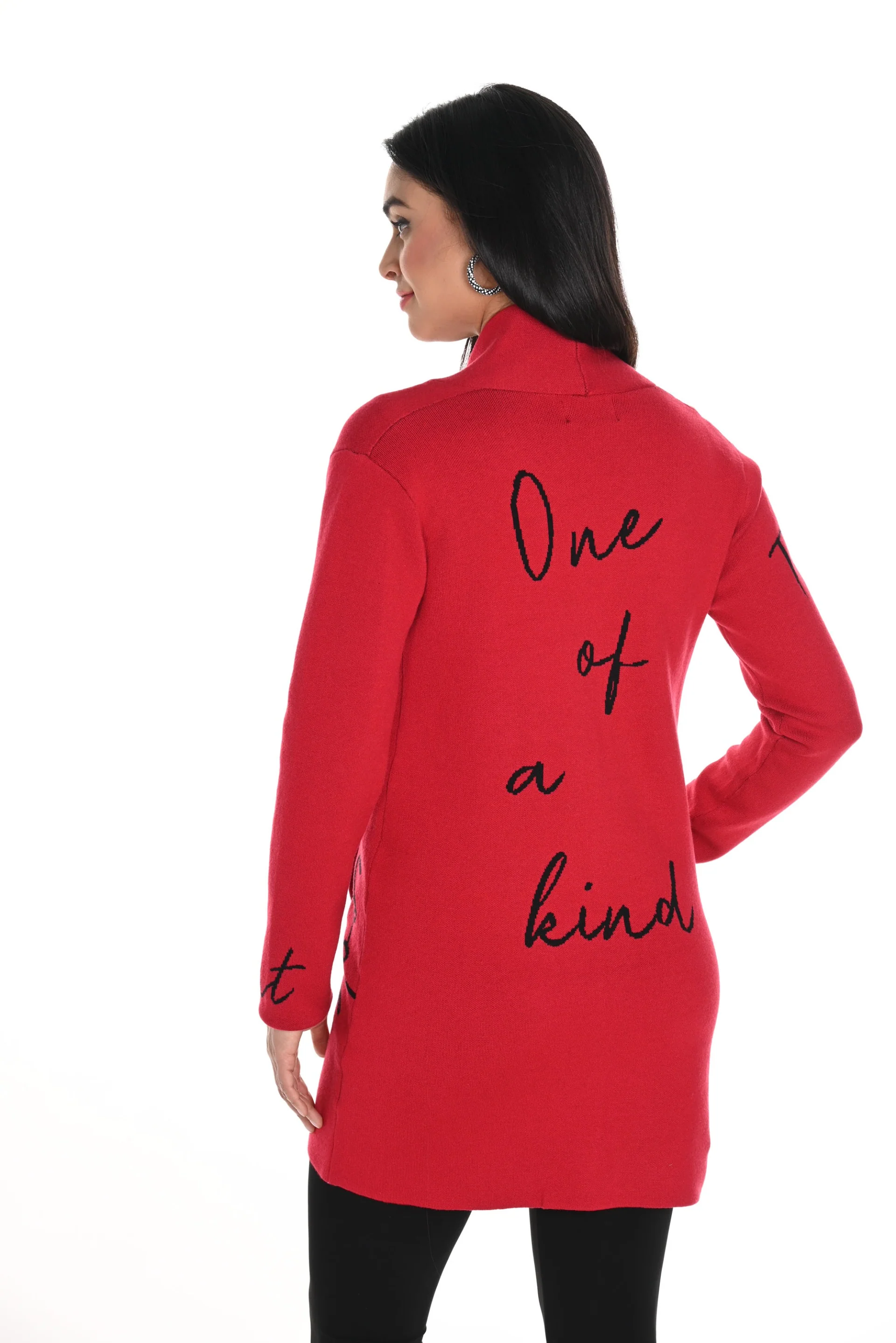 Frank Lyman Red/Black Cardigan With Text Embroidery Style 244697U - Image 2