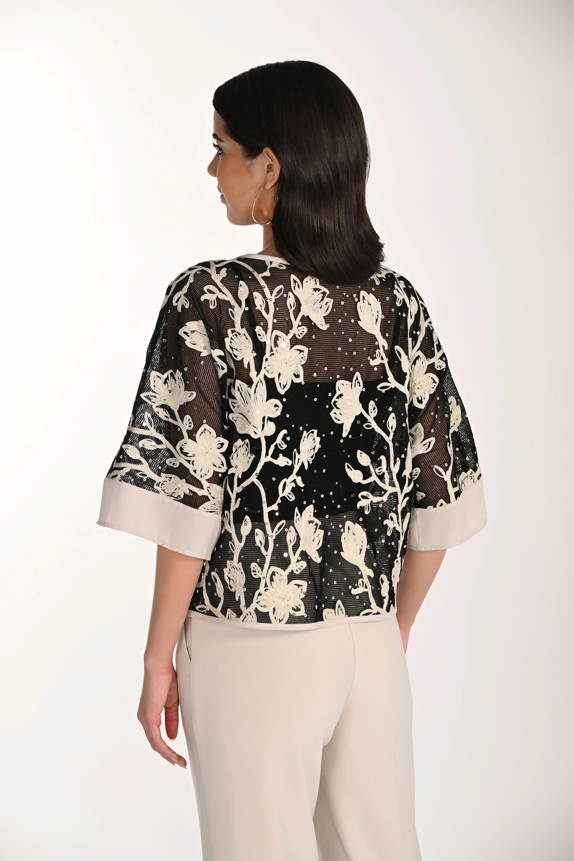 Frank Lyman Silky Knit & Mesh Top with Floral Embroidery Style 266206 - Image 2