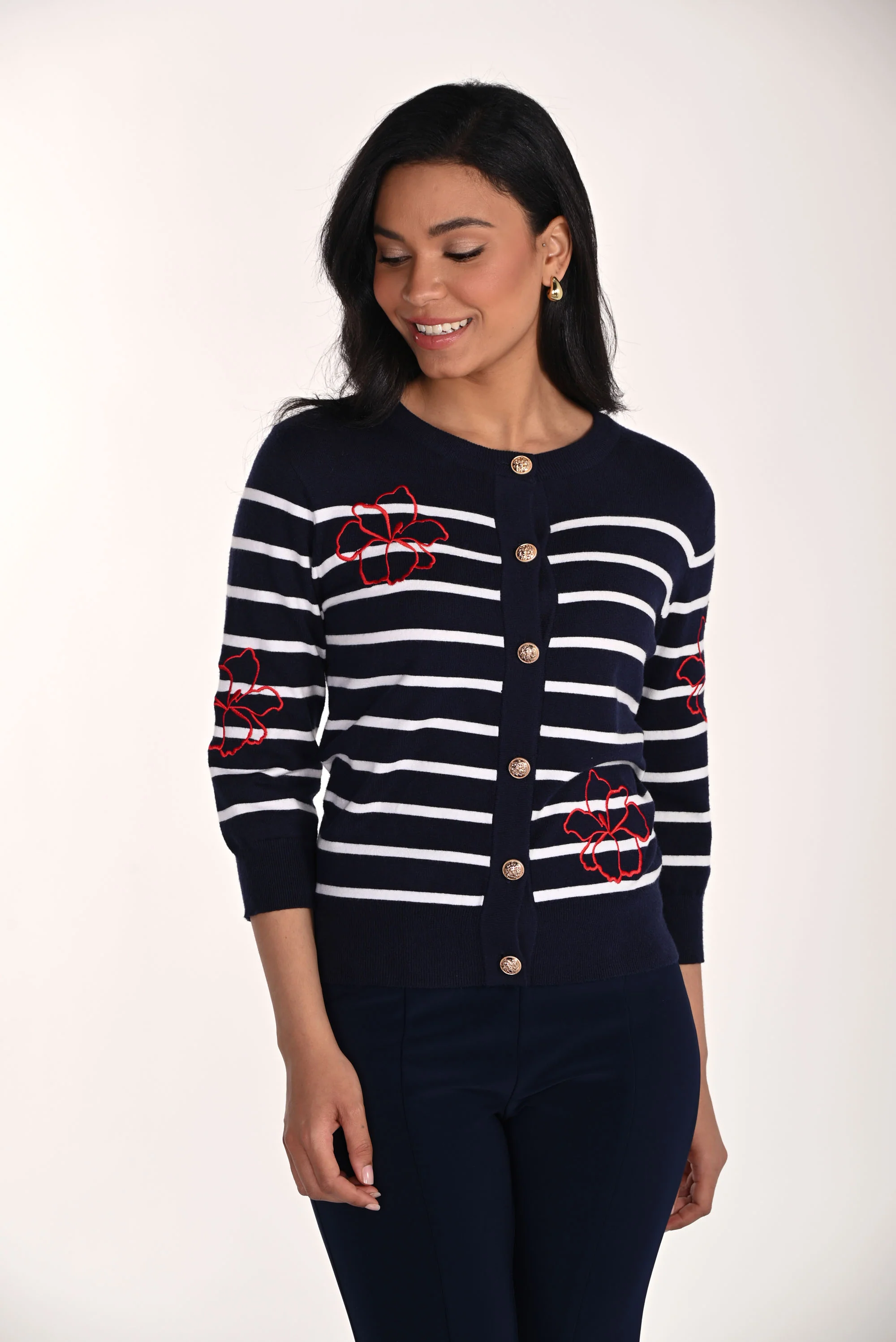 Frank Lyman Striped Cardigan with Floral Embroidery Style 266553 - Image 3