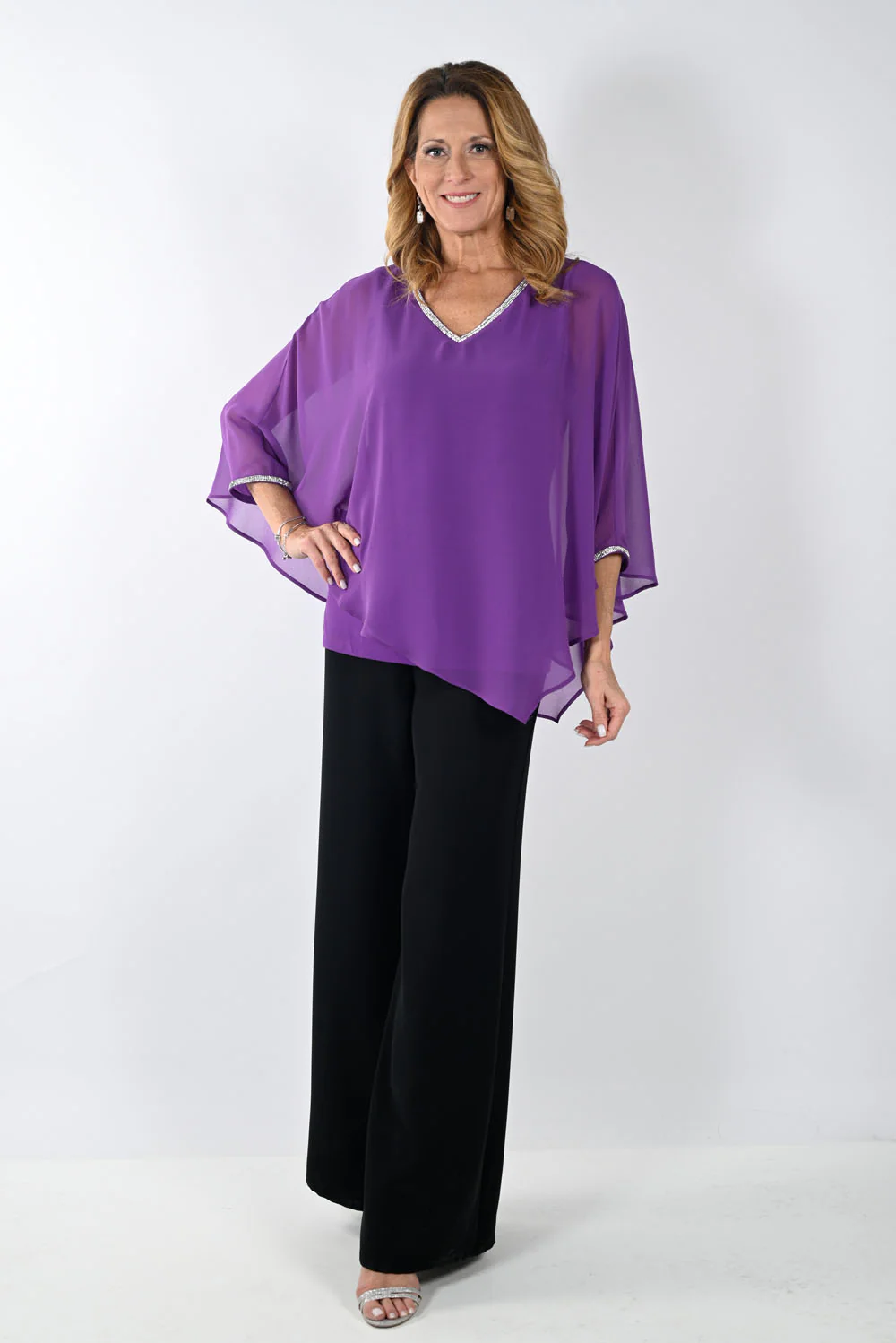 Frank Lyman Violet Woven Top with Chiffon Overlay Style 239154 - Image 3