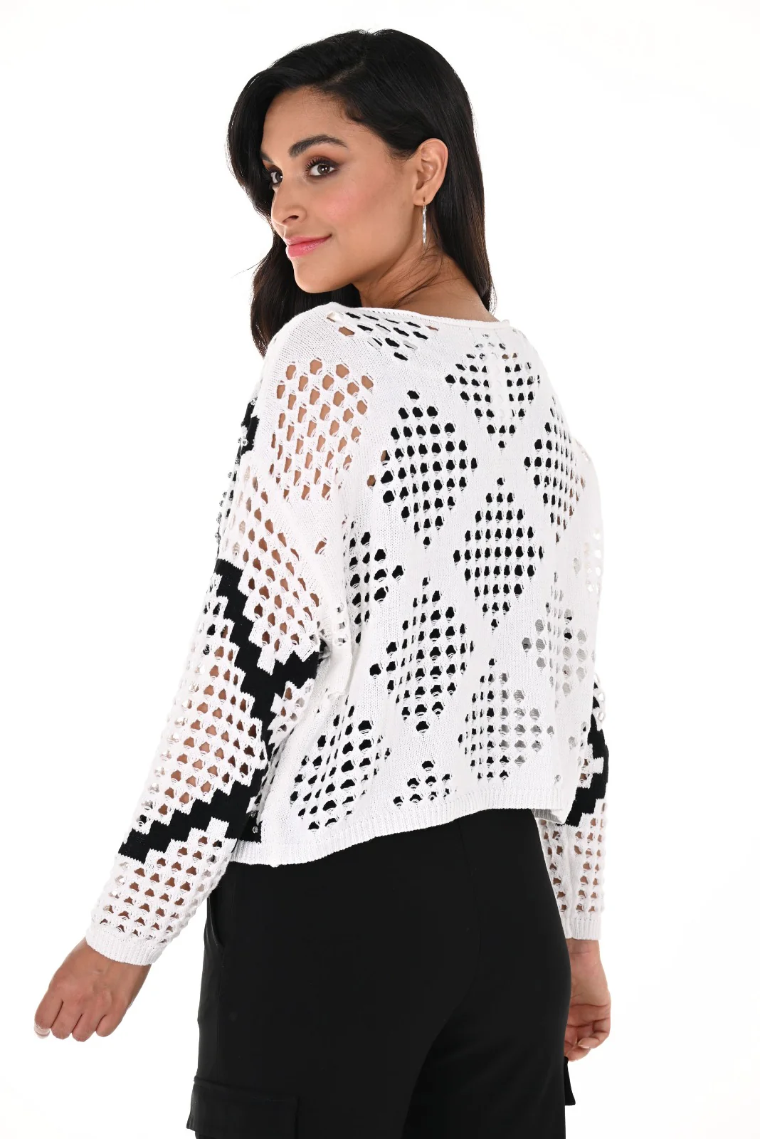 Frank Lyman White/Black Open Stitch Sweater Style 246245U - Image 4