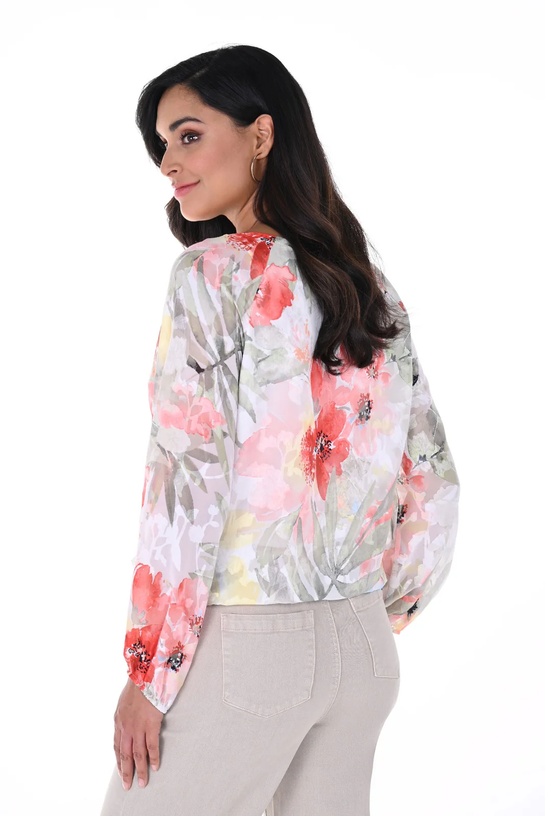 Frank Lyman White/Orange Floral Print Pleated Blouse Style 246163 - Image 2