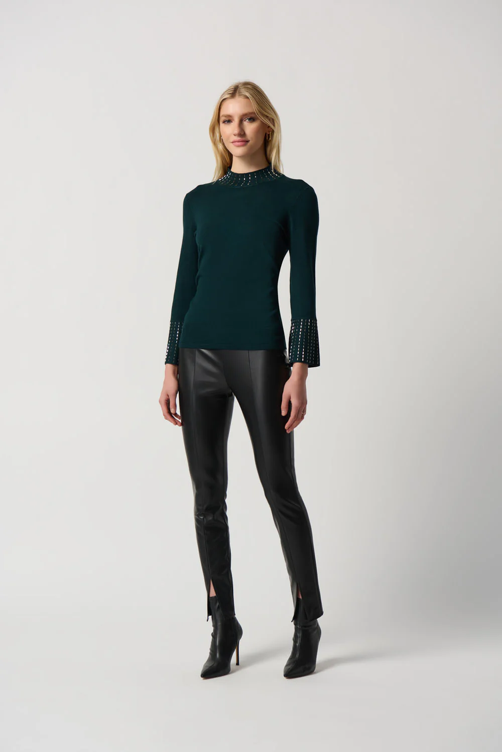 Joseph Ribkoff Alpine Green Embellished Sweater With Bell Sleeve and Mock Neck Style 234920 - Image 2