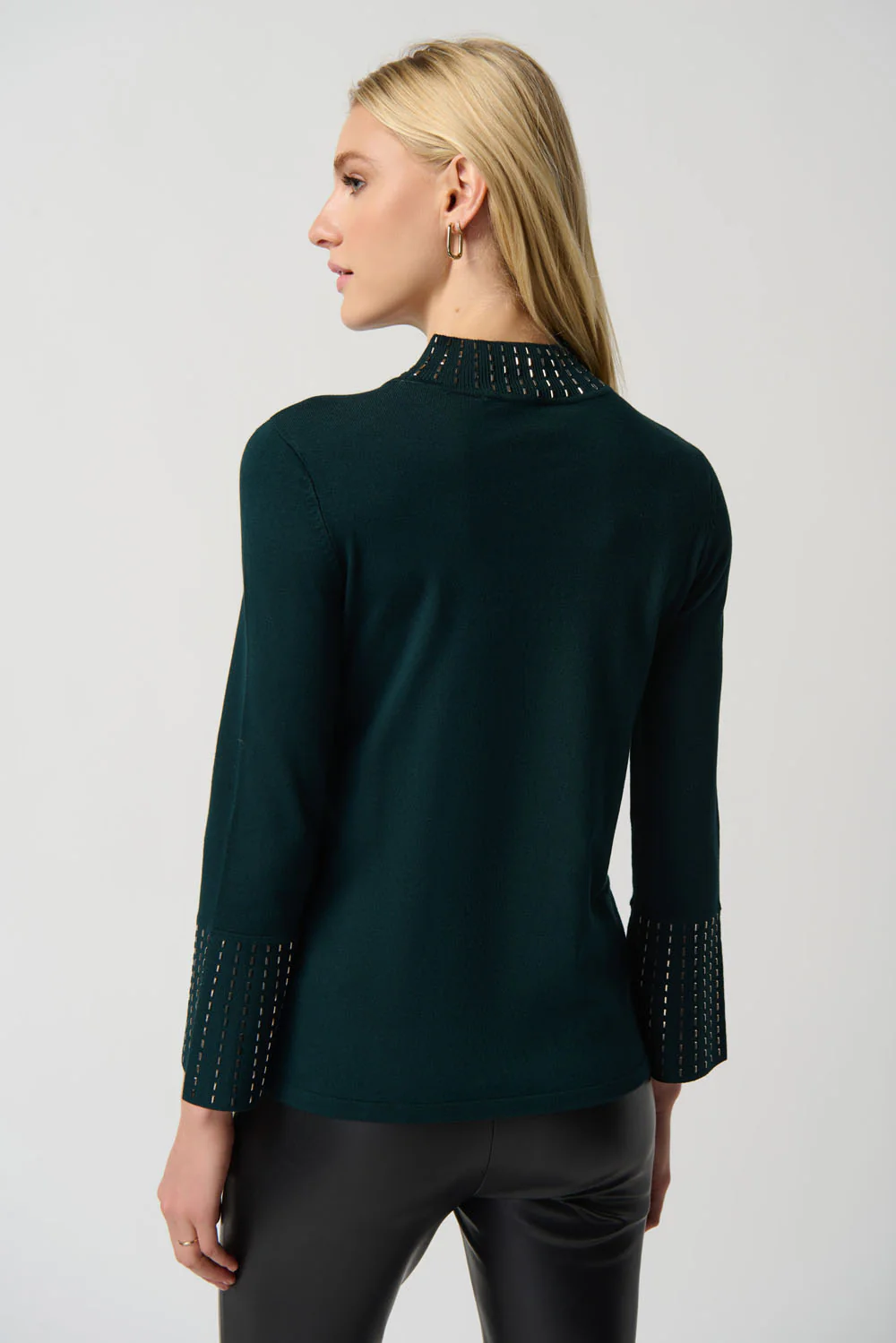 Joseph Ribkoff Alpine Green Embellished Sweater With Bell Sleeve and Mock Neck Style 234920 - Image 5
