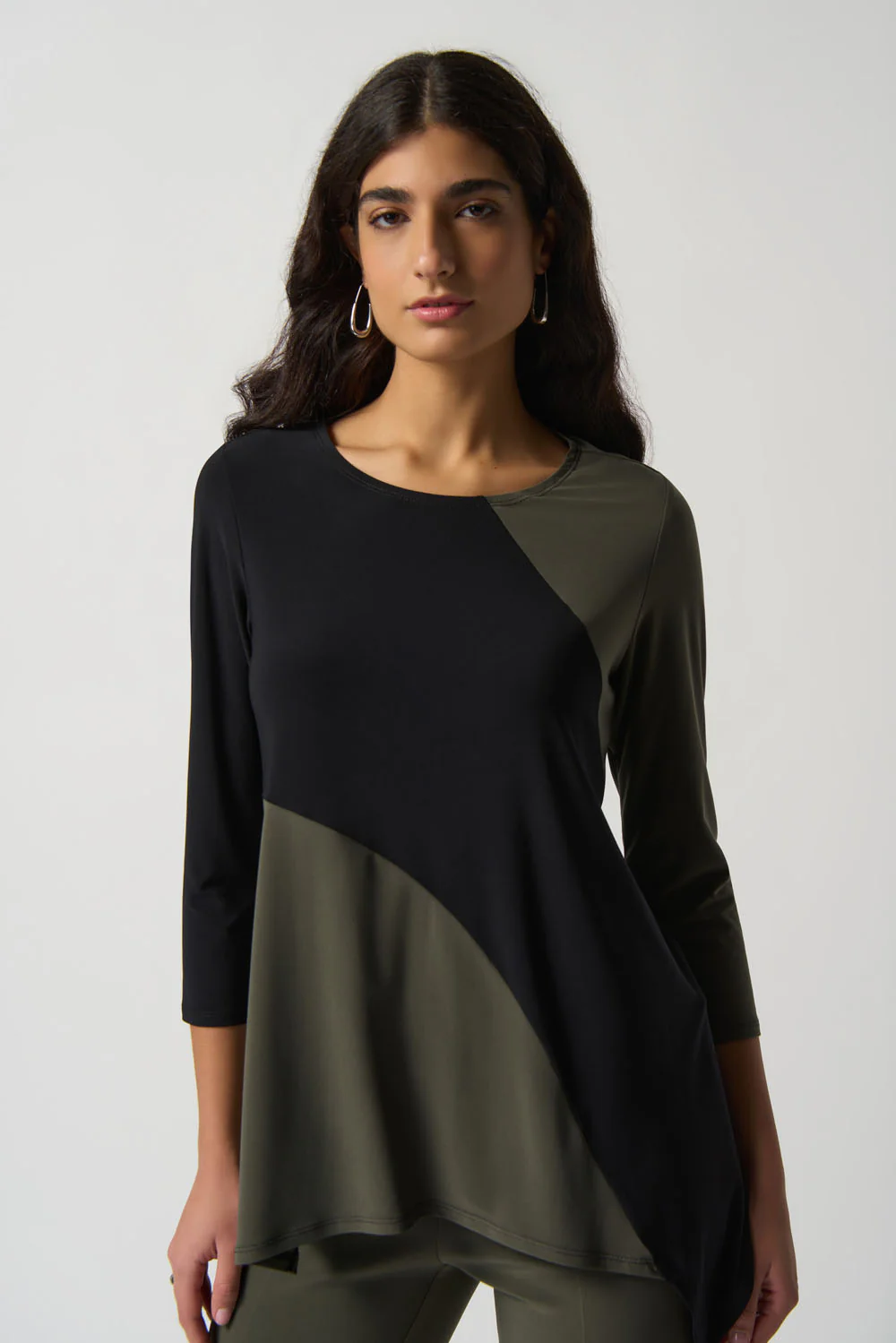 Joseph Ribkoff Black/Avocado Asymmetrical Colour-Block Top Style 233118