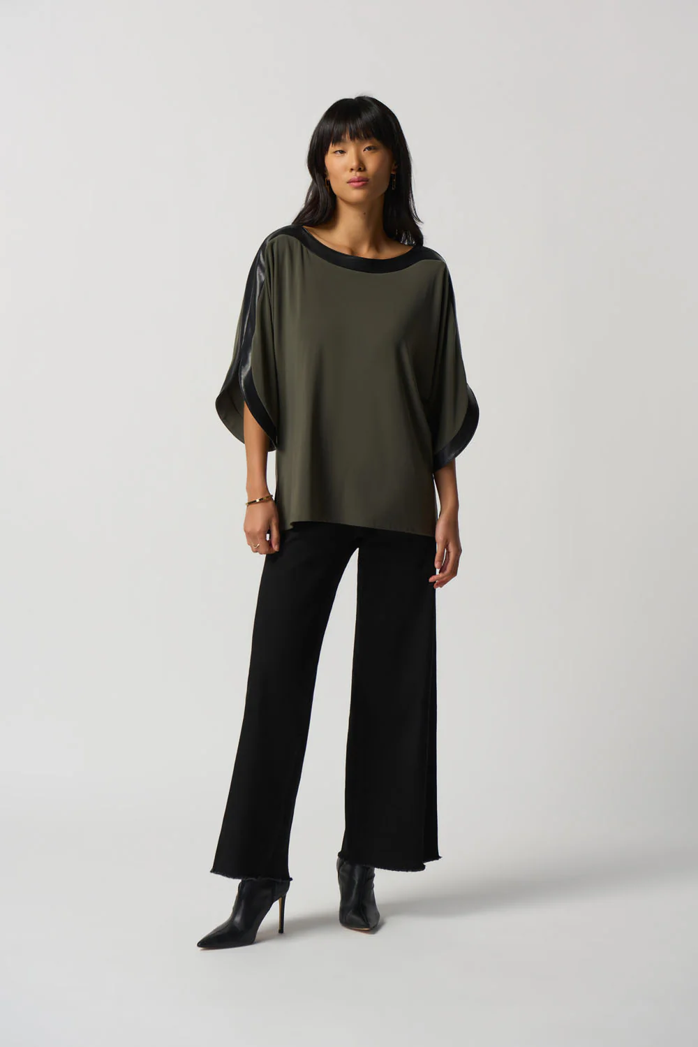 Joseph Ribkoff Avocado/Black Dolman Sleeve Boxy Top Style 233129