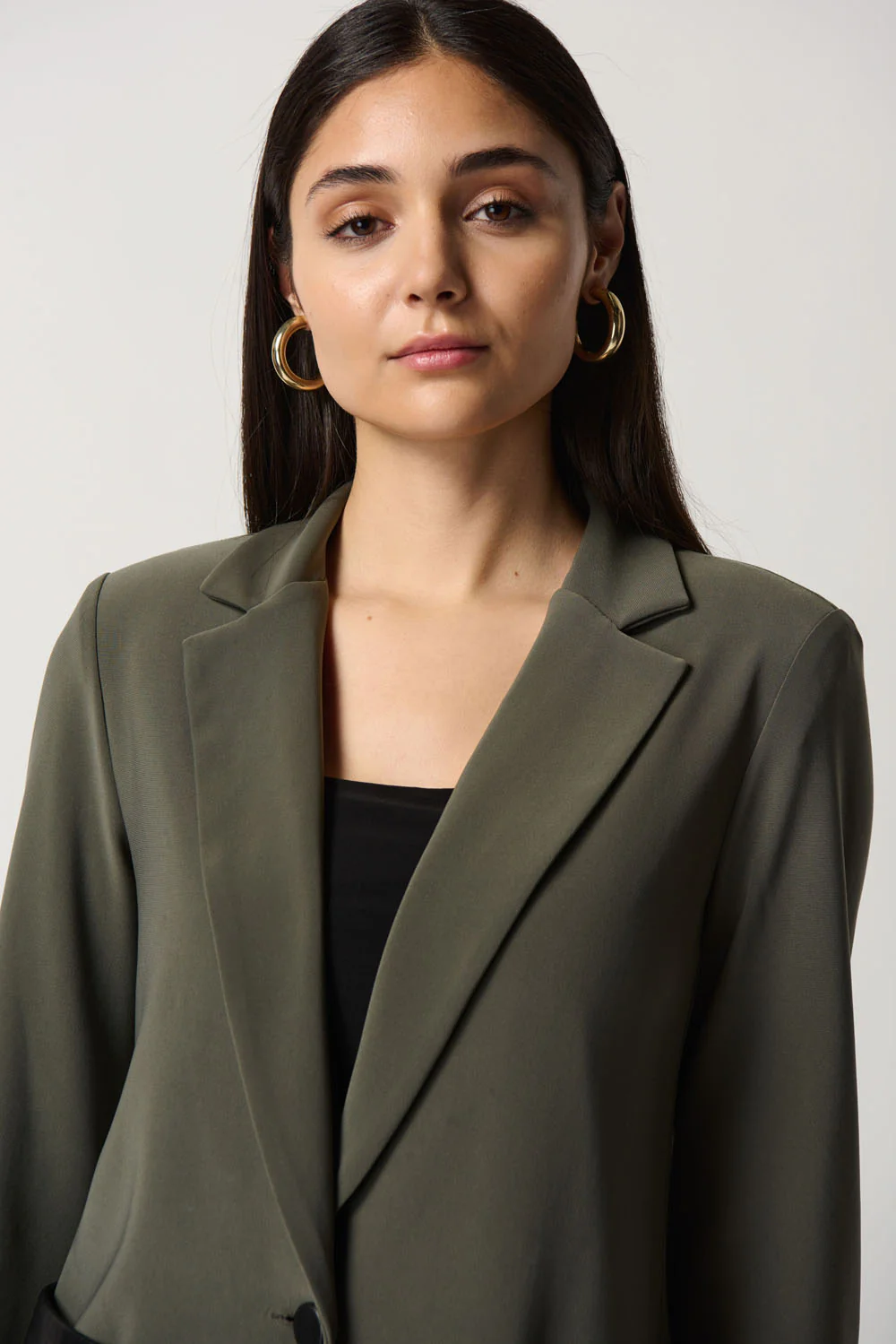 Joseph Ribkoff Avocado/Black Faux-Leather Pocket Blazer Style 233108 - Image 2