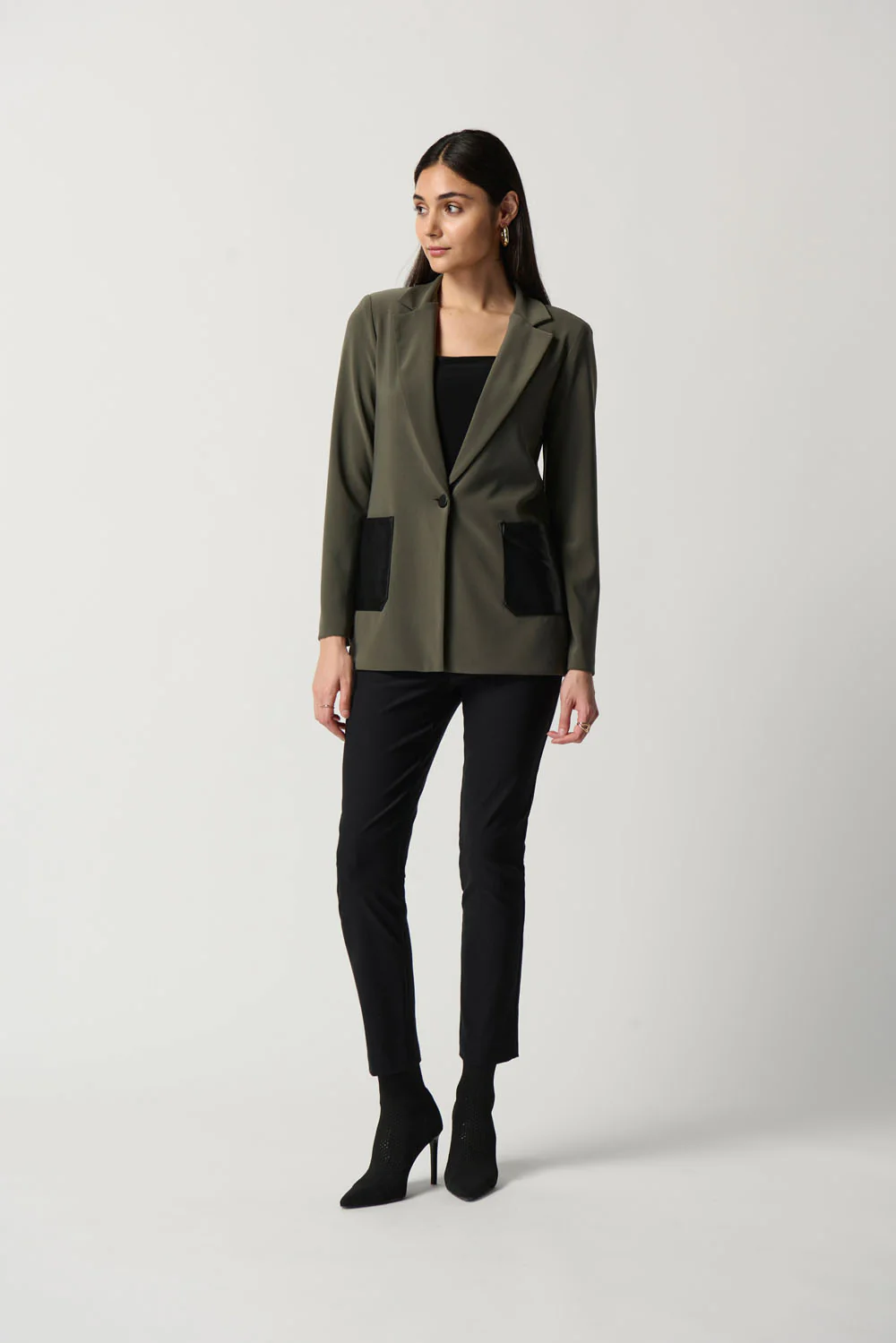 Joseph Ribkoff Avocado/Black Faux-Leather Pocket Blazer Style 233108 - Image 4