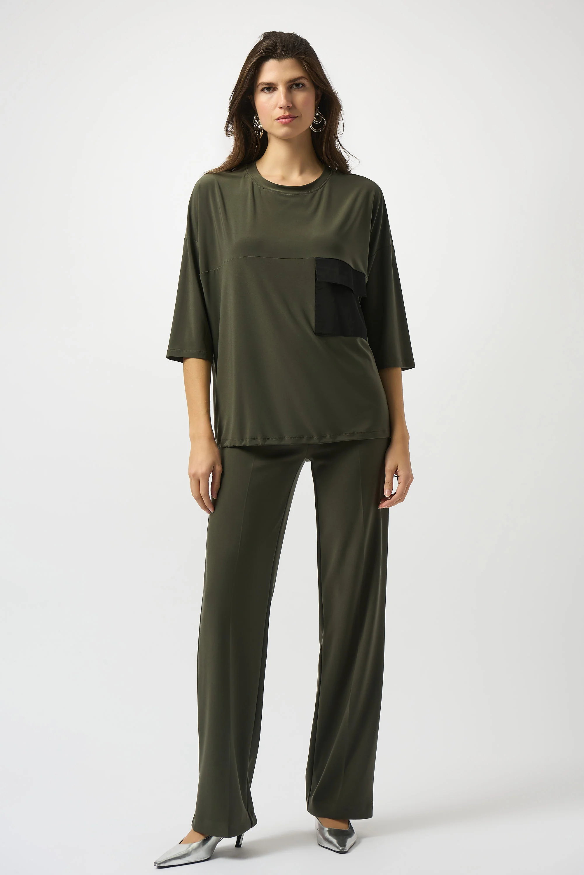 Joseph Ribkoff Avocado/Black Silky Knit And Memory Cocoon Top Style 253024 - Image 2