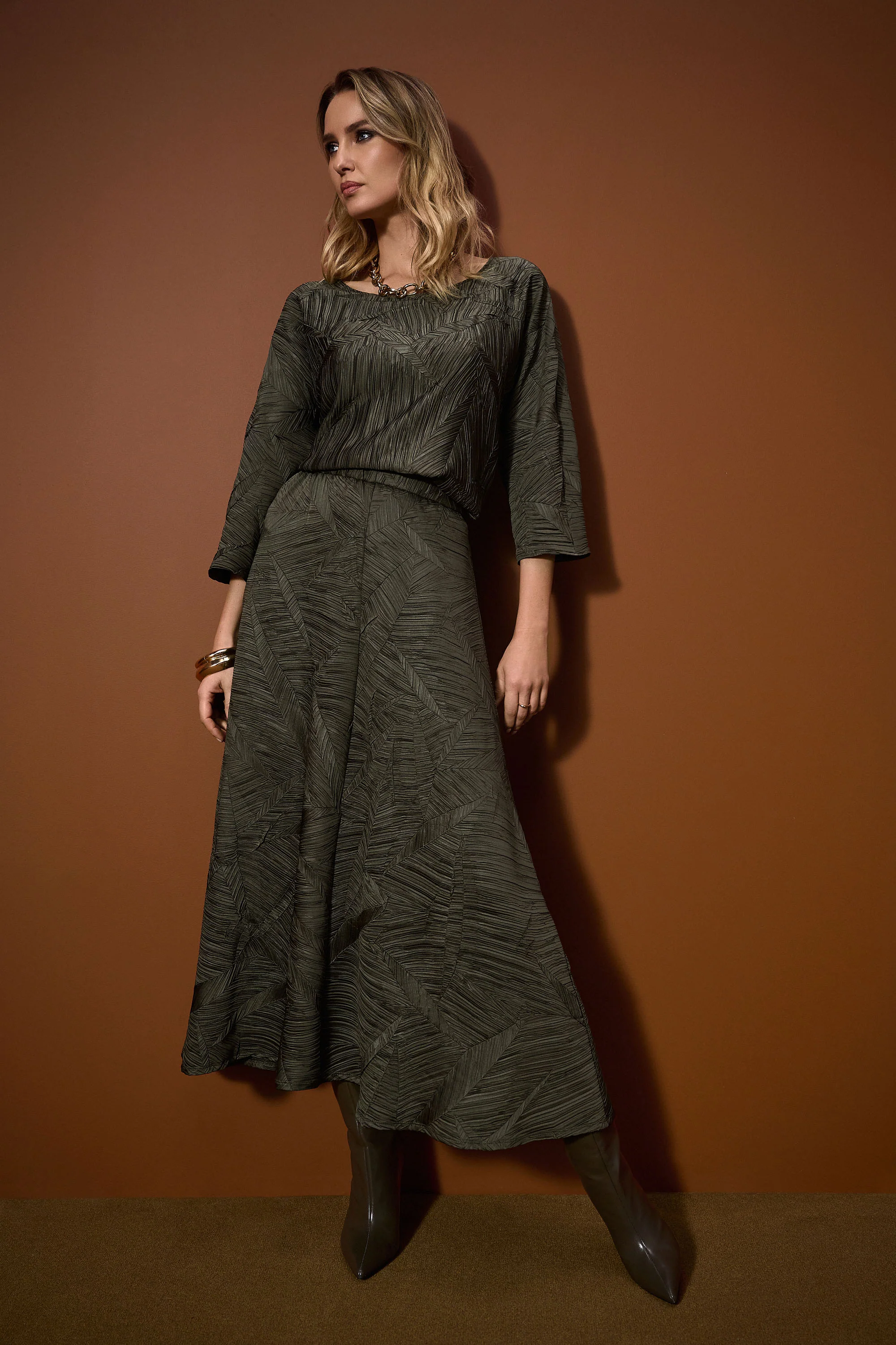 Joseph Ribkoff Avocado Pleated Satin Boxy Top Style 253002 - Image 4