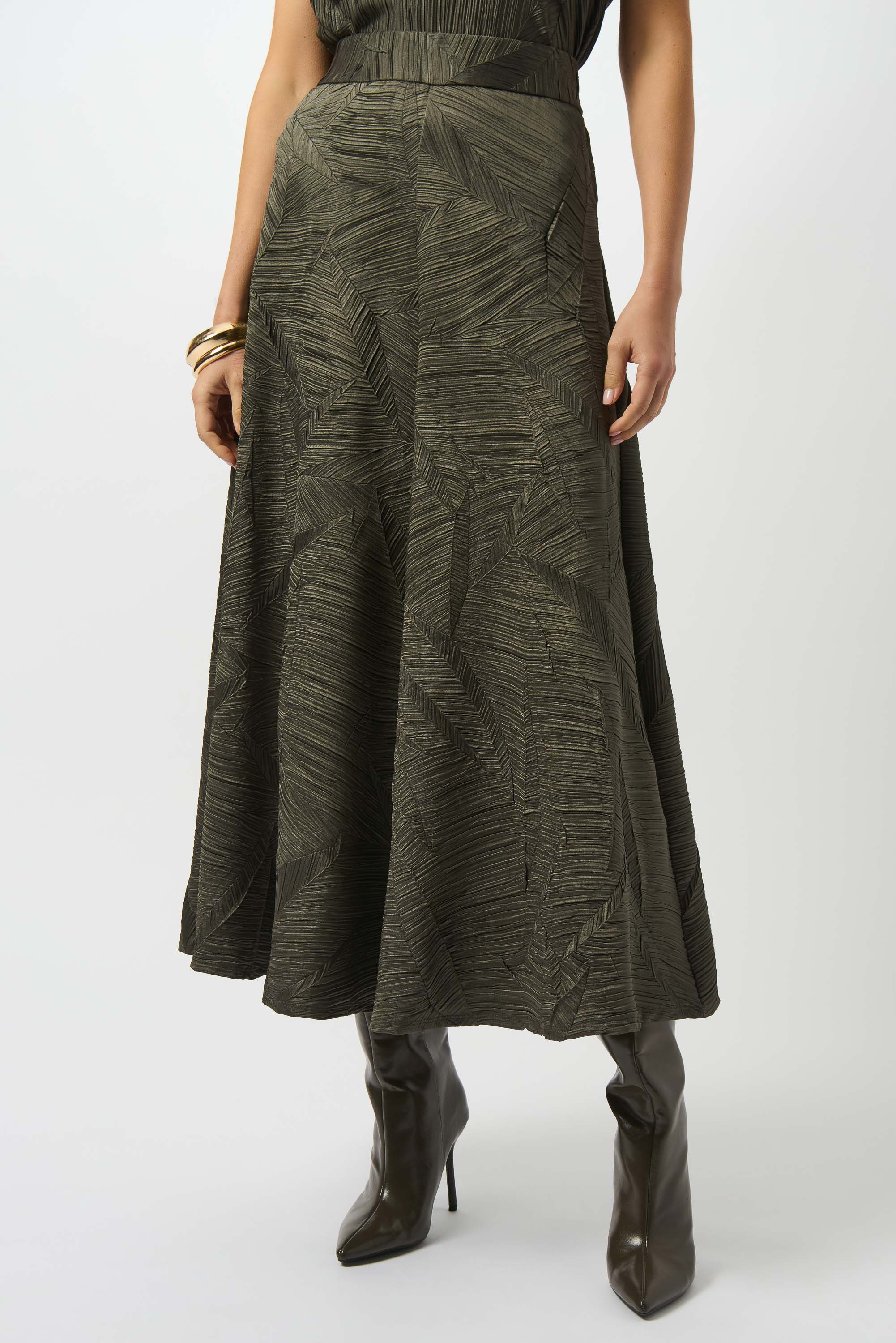 Joseph Ribkoff Avocado Pleated Satin Long Flared Skirt Style 253248