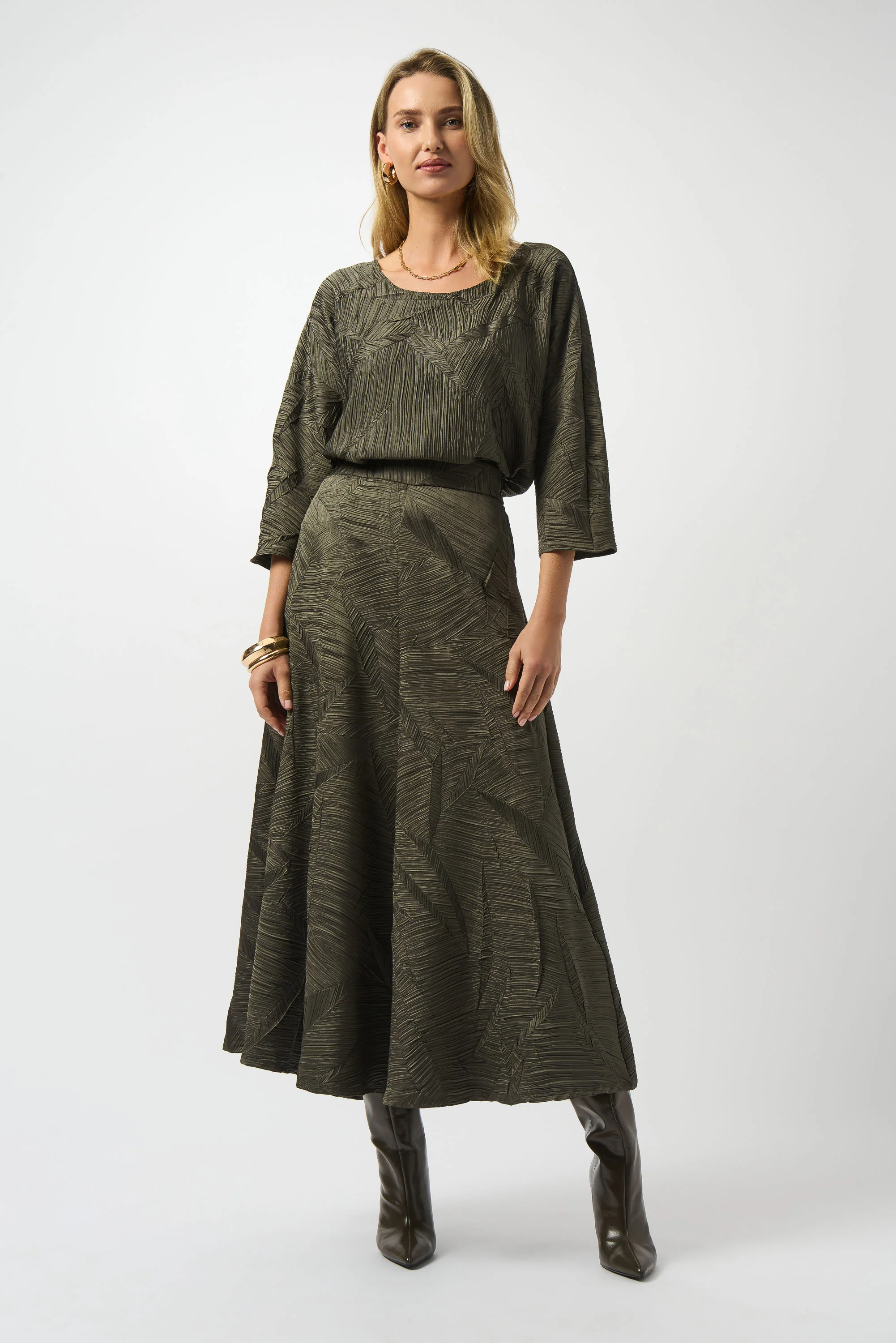 Joseph Ribkoff Avocado Pleated Satin Long Flared Skirt Style 253248 - Image 3