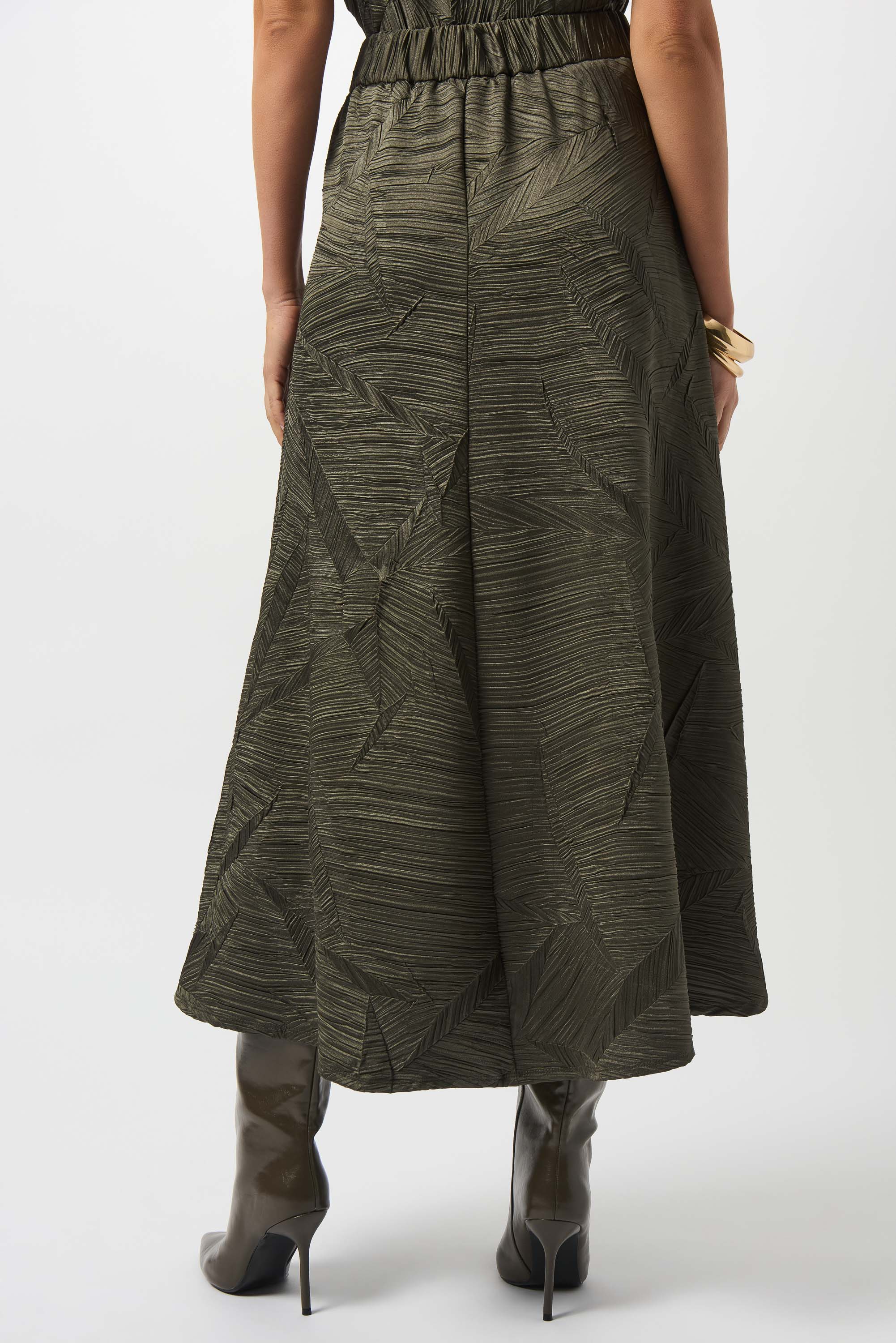 Joseph Ribkoff Avocado Pleated Satin Long Flared Skirt Style 253248 - Image 4