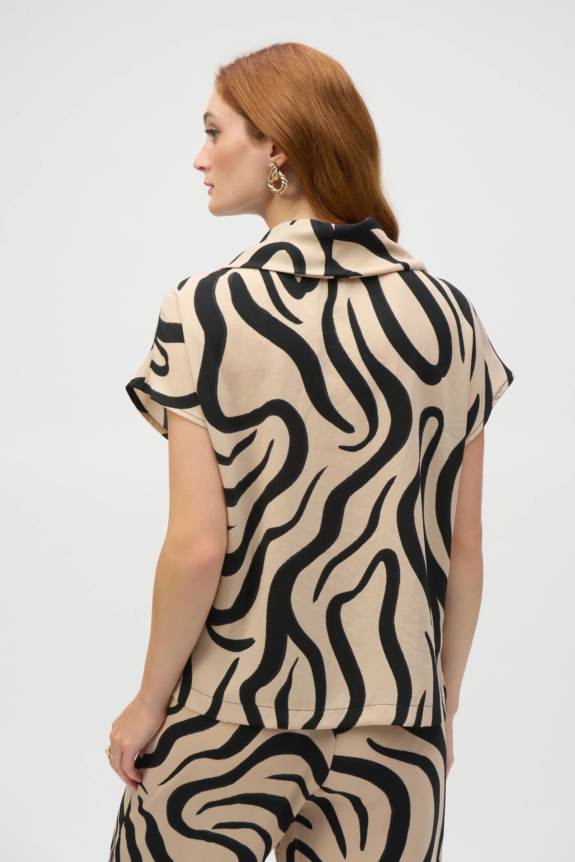 Joseph Ribkoff Beige/Black Abstract Print Cowl Neck Top Style 252212 - Image 2