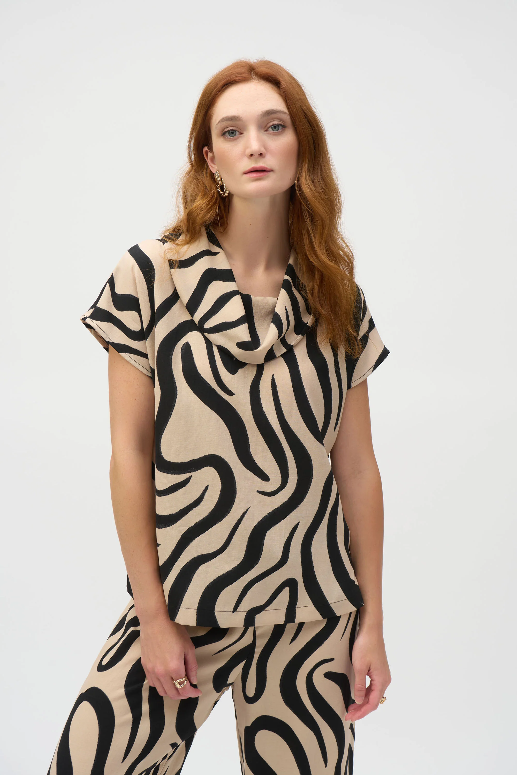 Joseph Ribkoff Beige/Black Abstract Print Cowl Neck Top Style 252212 - Image 4