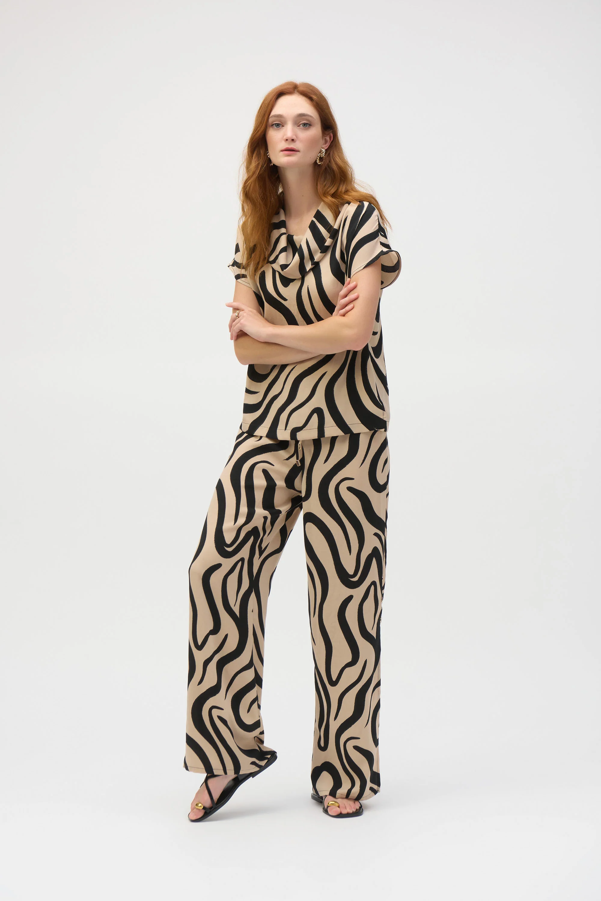 Joseph Ribkoff Beige/Black Abstract Print Cowl Neck Top Style 252212 - Image 5