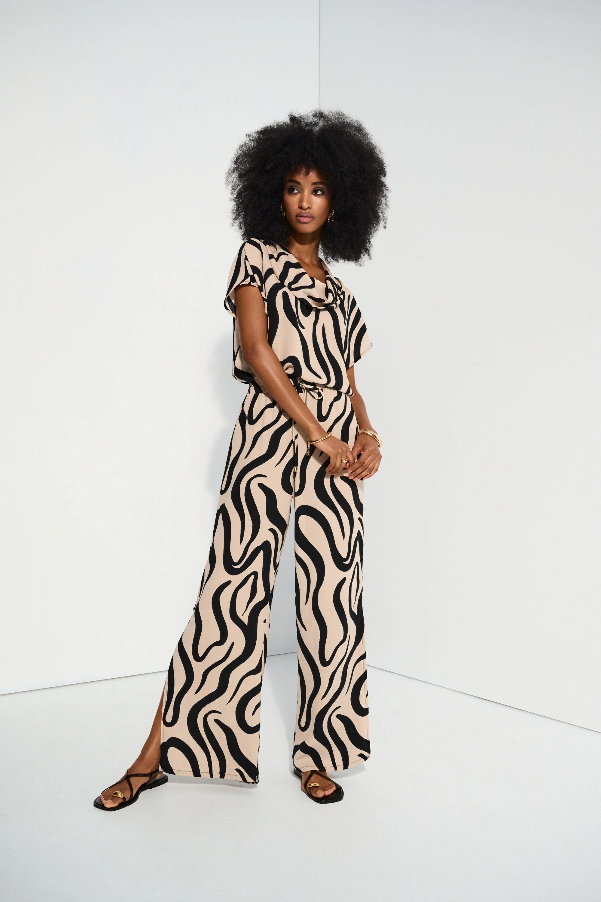 Joseph Ribkoff Beige/Black Abstract Print Cowl Neck Top Style 252212 - Image 7