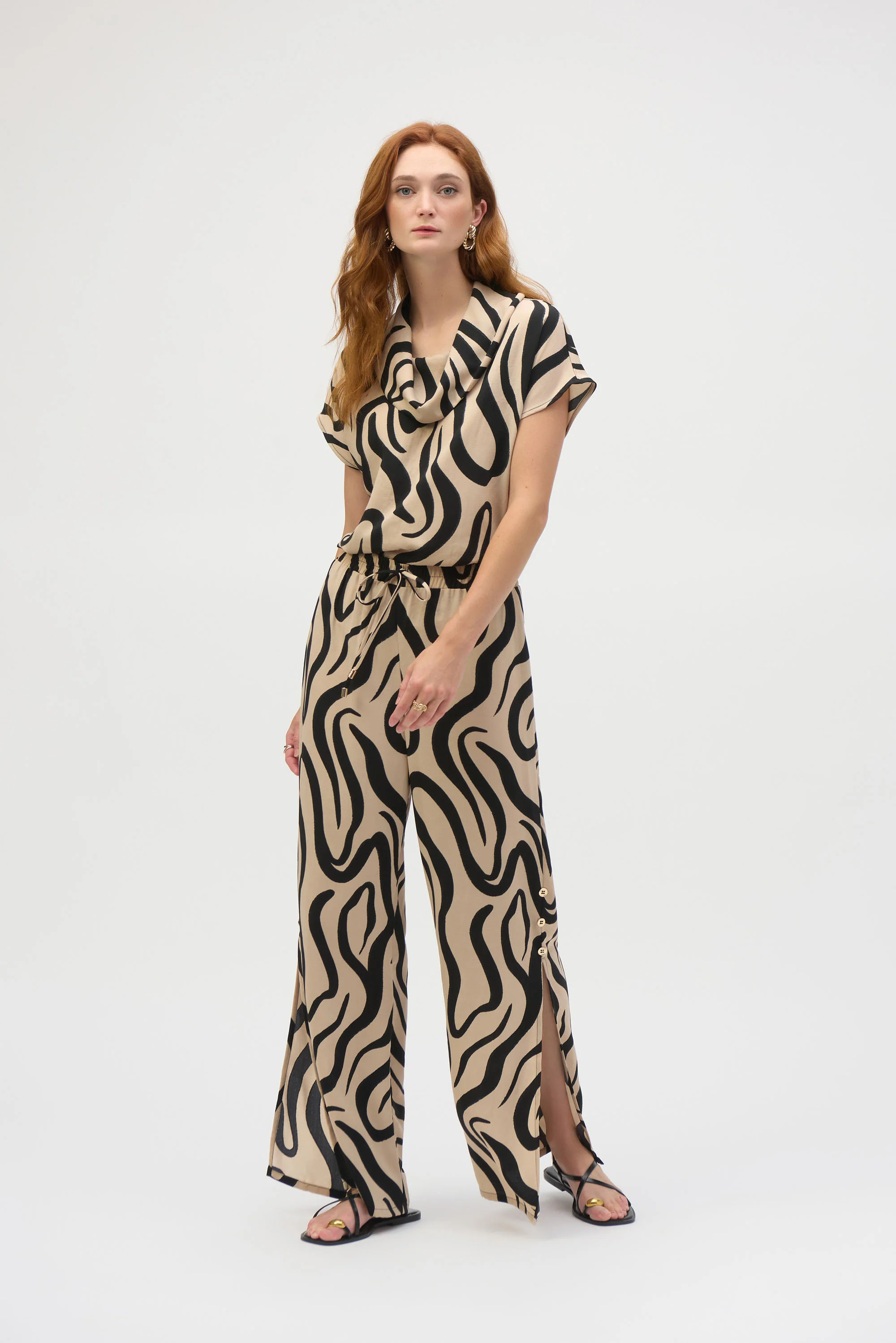 Joseph Ribkoff Beige/Black Abstract Print Wide Leg Pants Style 252178 - Image 4