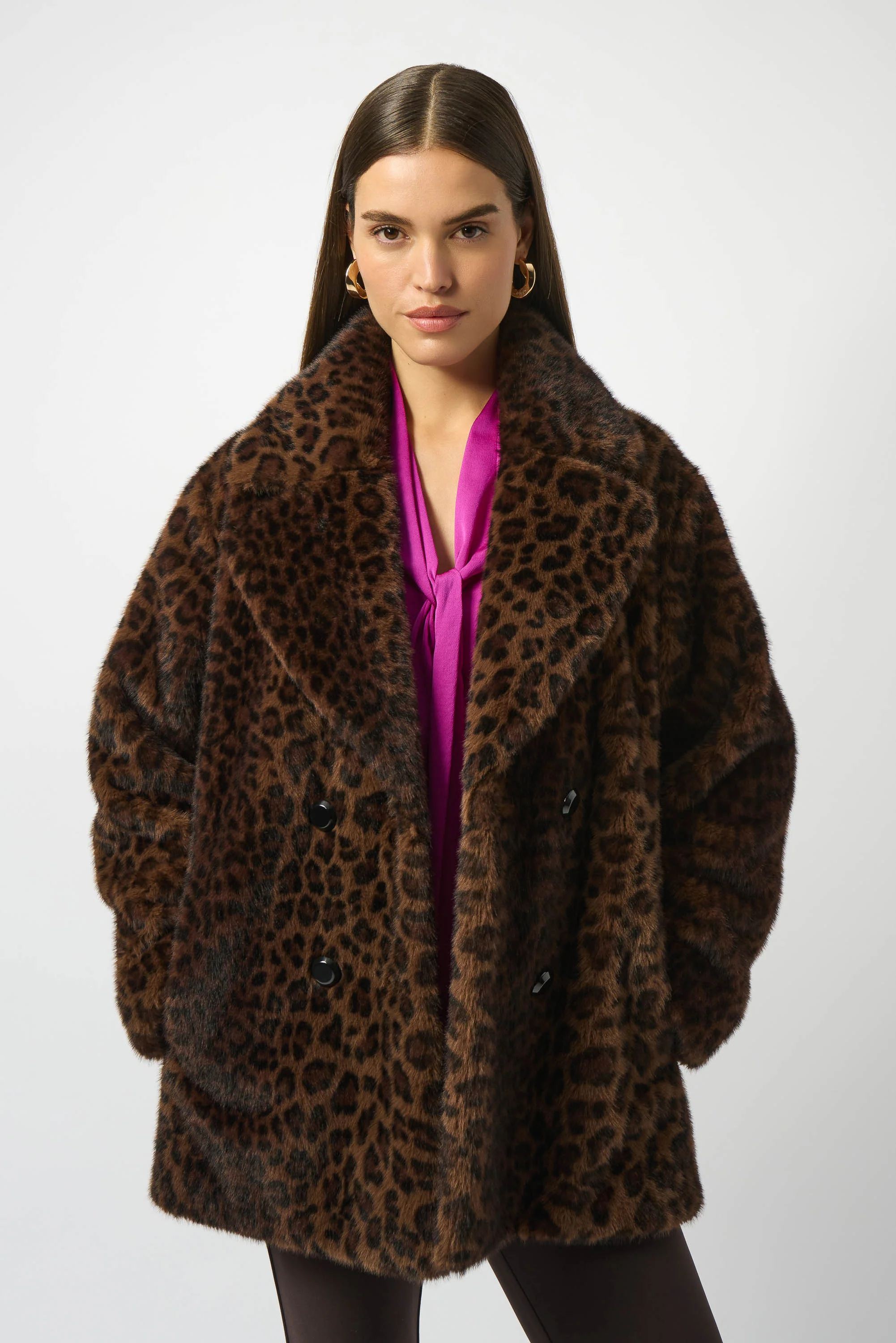 Joseph Ribkoff Beige/Black Faux Fur Leopard Print Double-Breasted Coat Style 253937