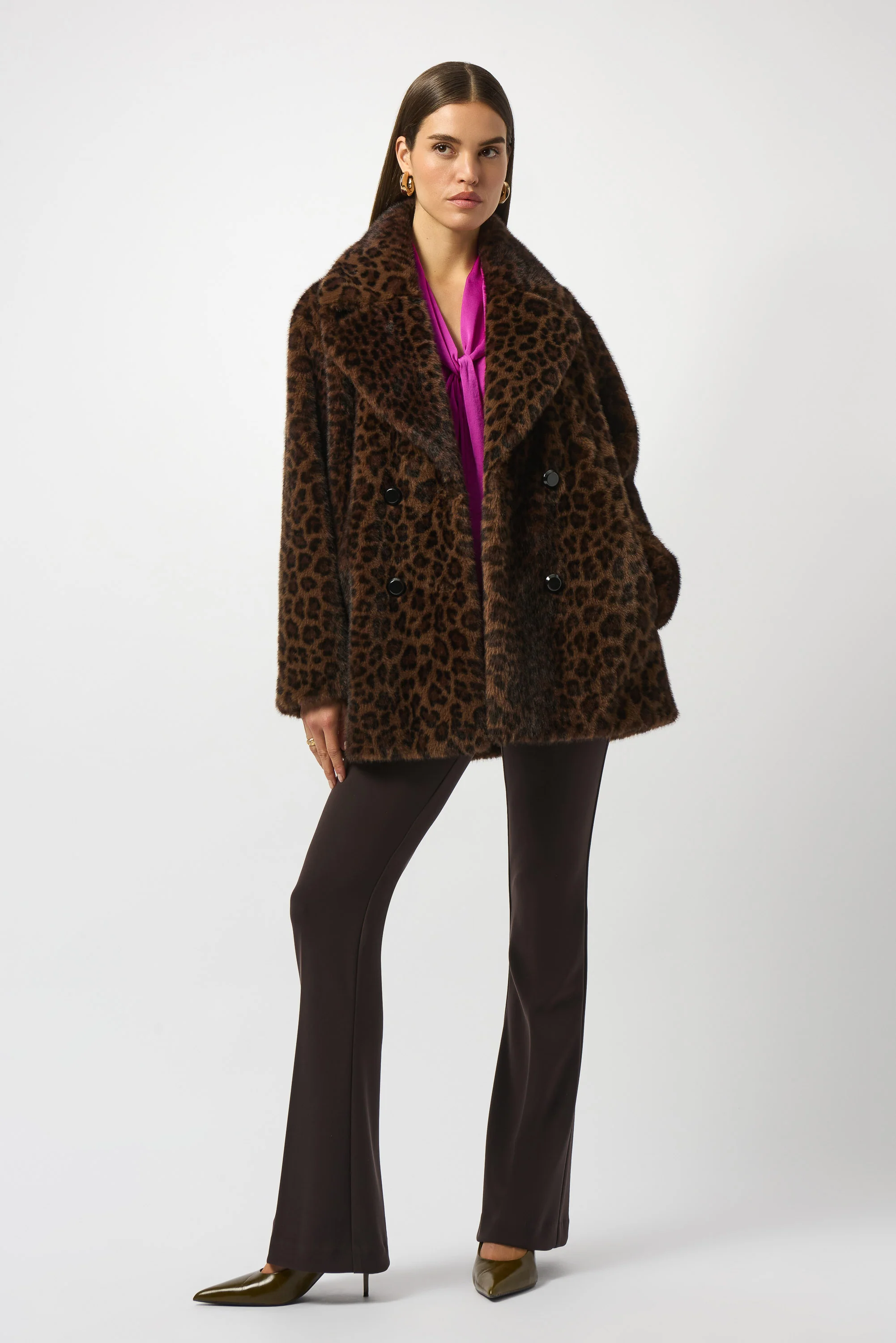 Joseph Ribkoff Beige/Black Faux Fur Leopard Print Double-Breasted Coat Style 253937 - Image 3