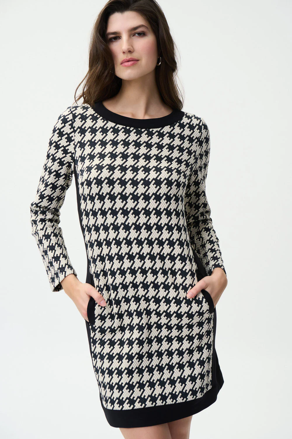 Joseph Ribkoff Beige/Black Houndstooth Dress Style 224039 - Image 2