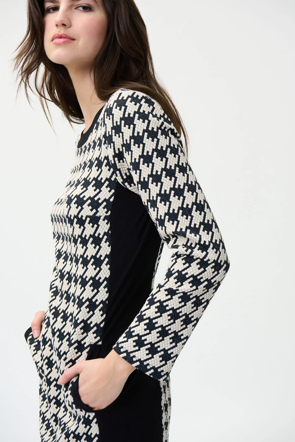Joseph Ribkoff Beige/Black Houndstooth Dress Style 224039 - Image 3