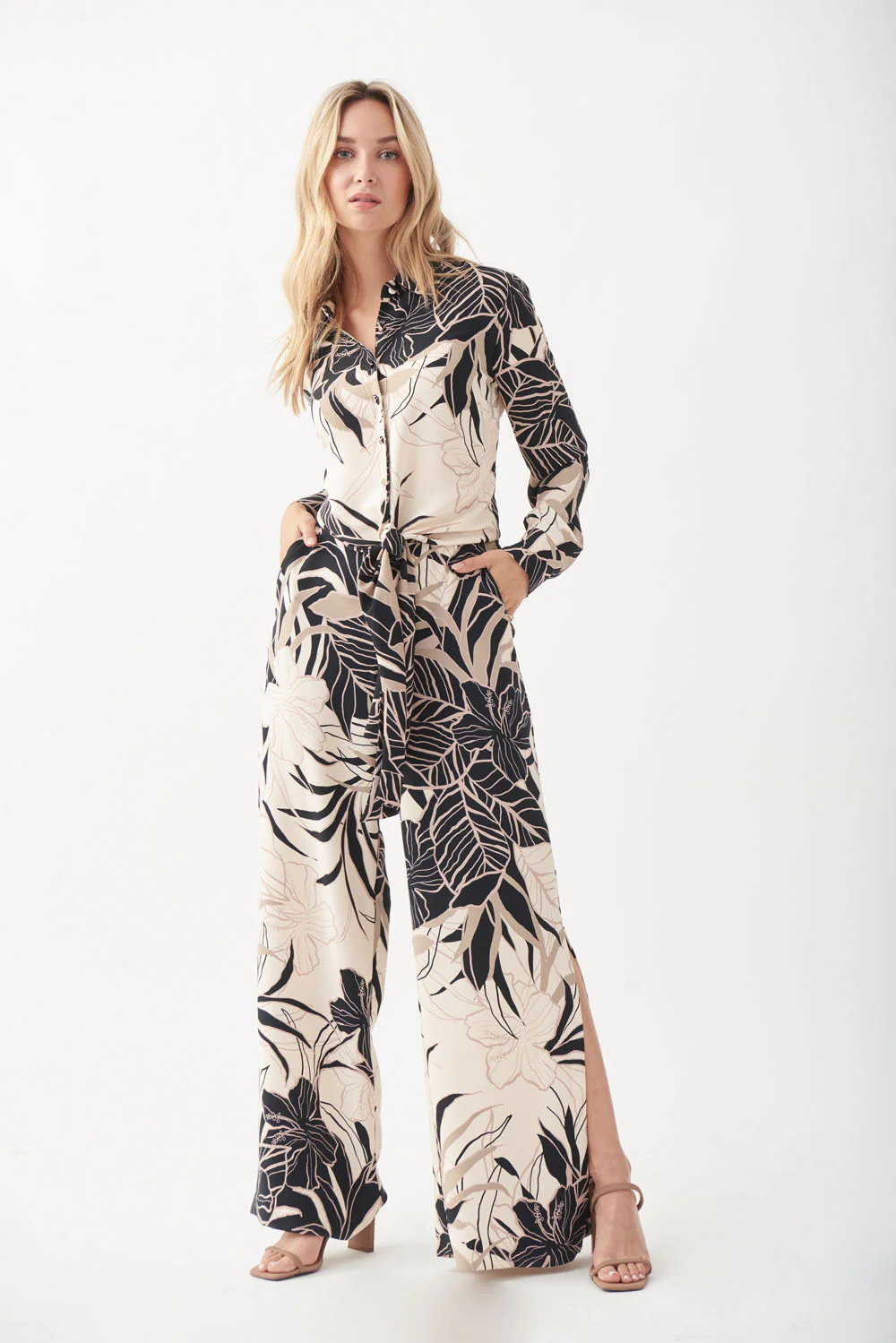 Joseph Ribkoff Beige/Black Tropical Wide Leg Pants Style 221217