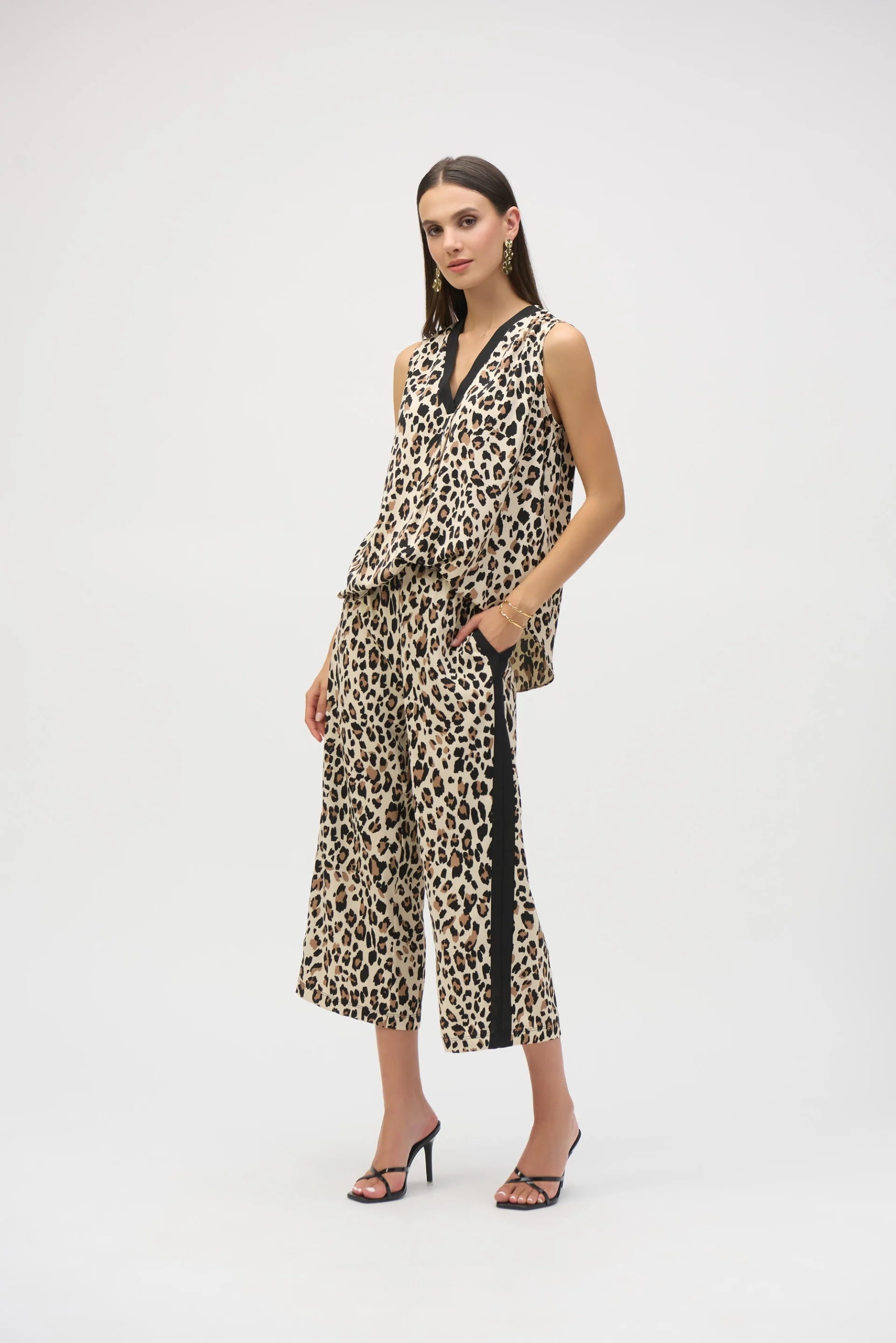 Joseph Ribkoff Beige/Black Woven Animal Print Culotte Pants Style 252235 - Image 2