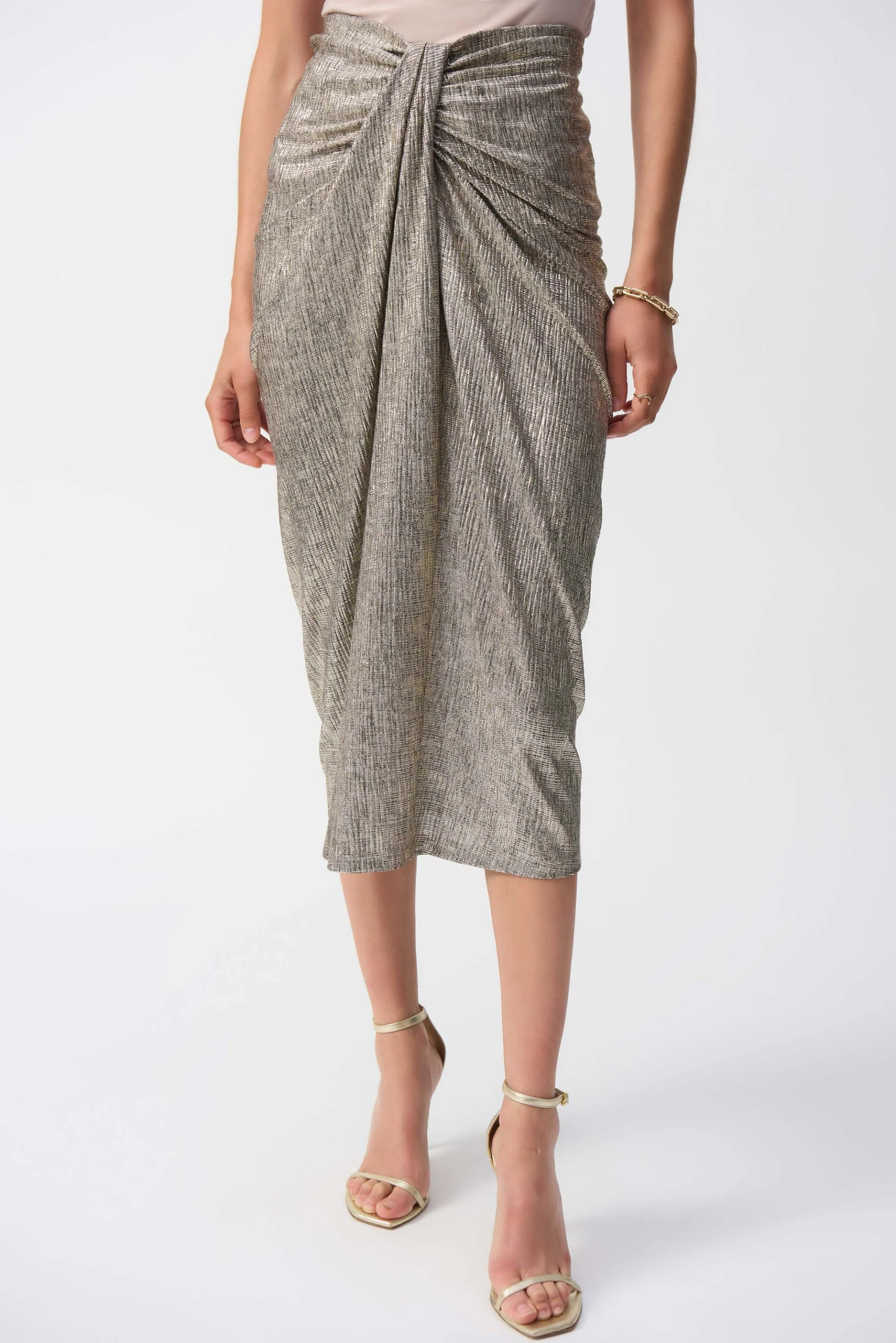 Joseph Ribkoff Beige/Gold Foiled Draped Pencil Skirt Style 251283 - Image 3
