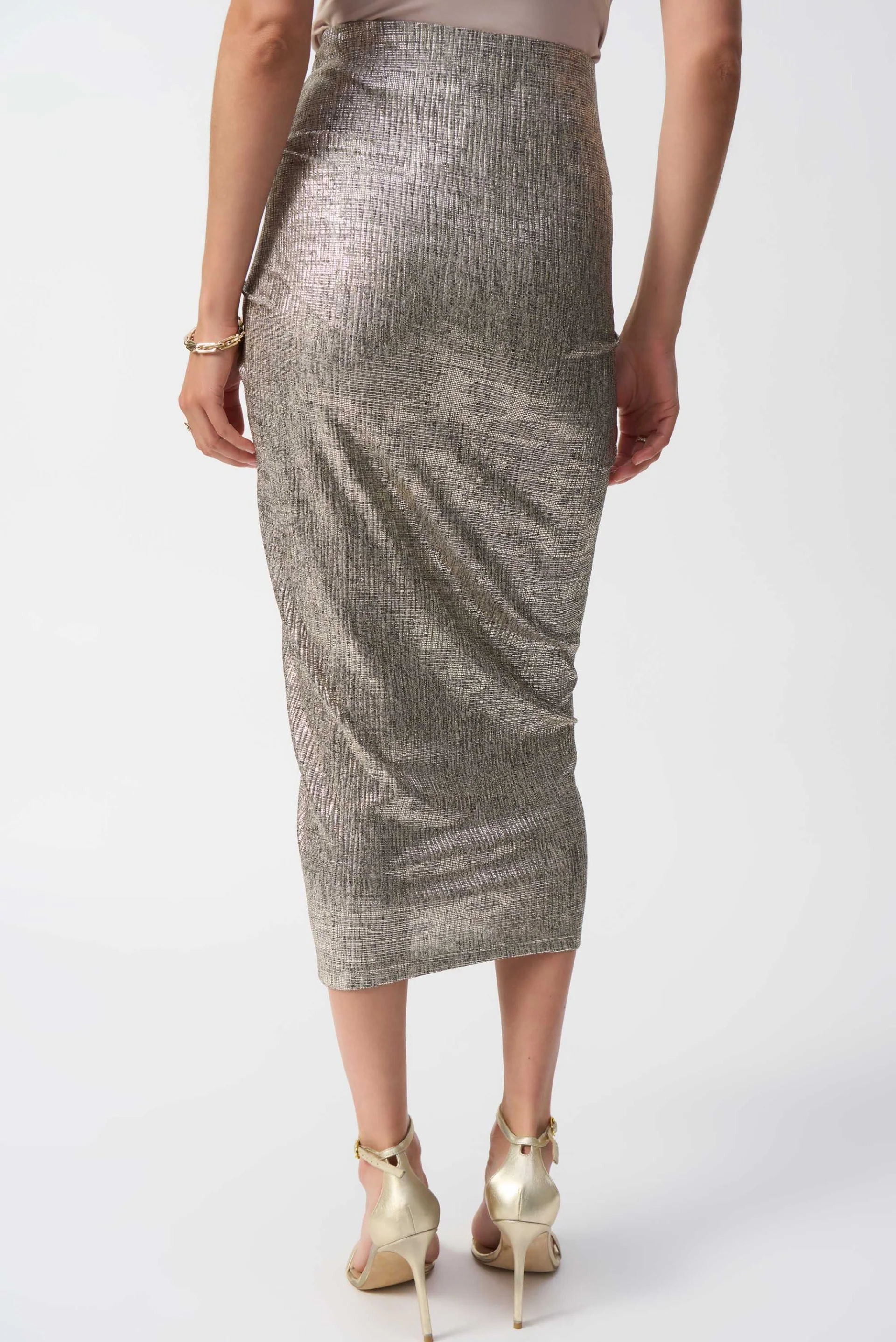 Joseph Ribkoff Beige/Gold Foiled Draped Pencil Skirt Style 251283 - Image 5