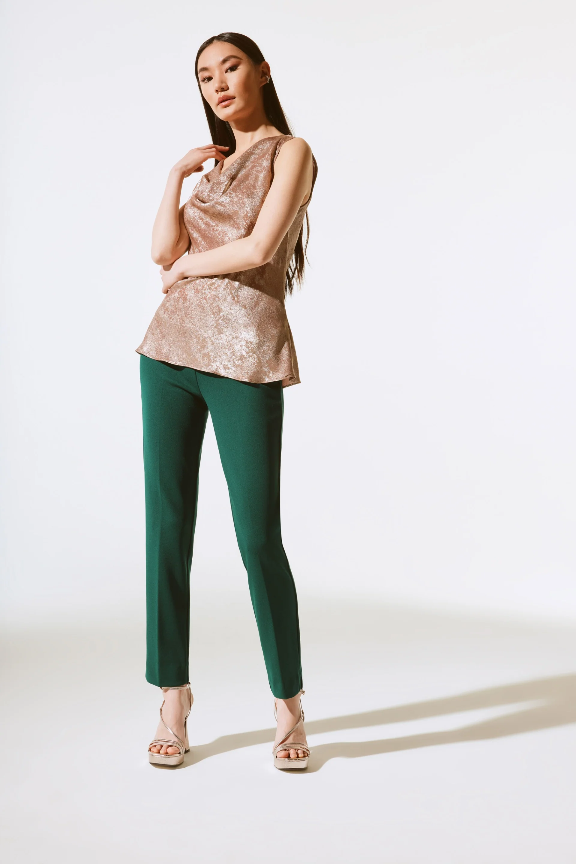 Joseph Ribkoff Beige/Gold Foiled Woven Cowl Neck Top Style 243767 - Image 4