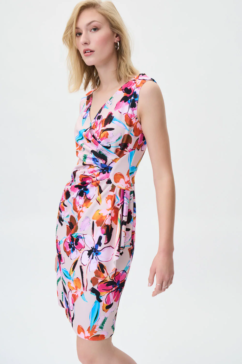 Joseph Ribkoff Beige/Multi Flower Print Wrap Dress Style 231172 - Image 2