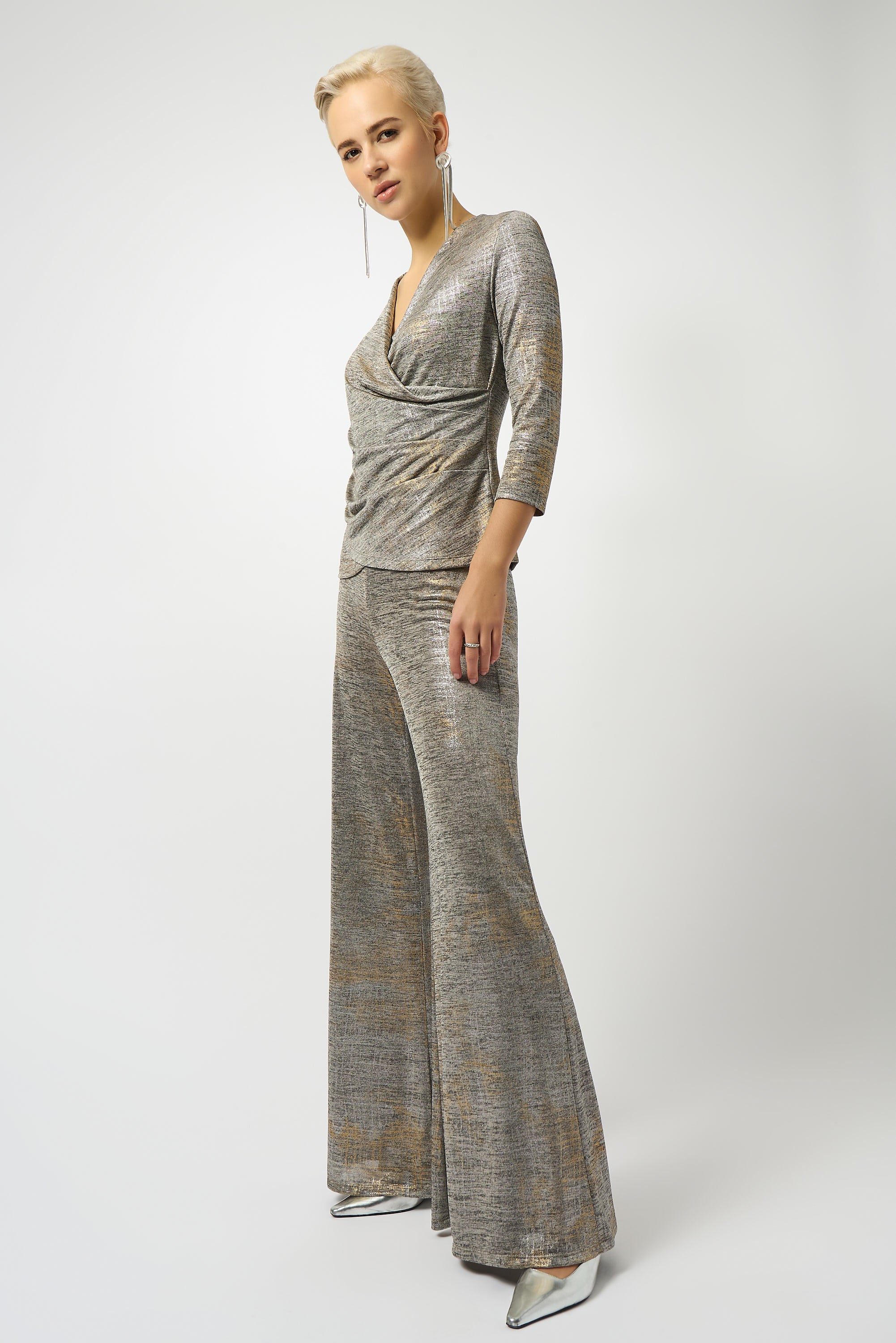 Joseph Ribkoff Beige/Multi Foiled Knit Wrap Top Style 253087 - Image 2