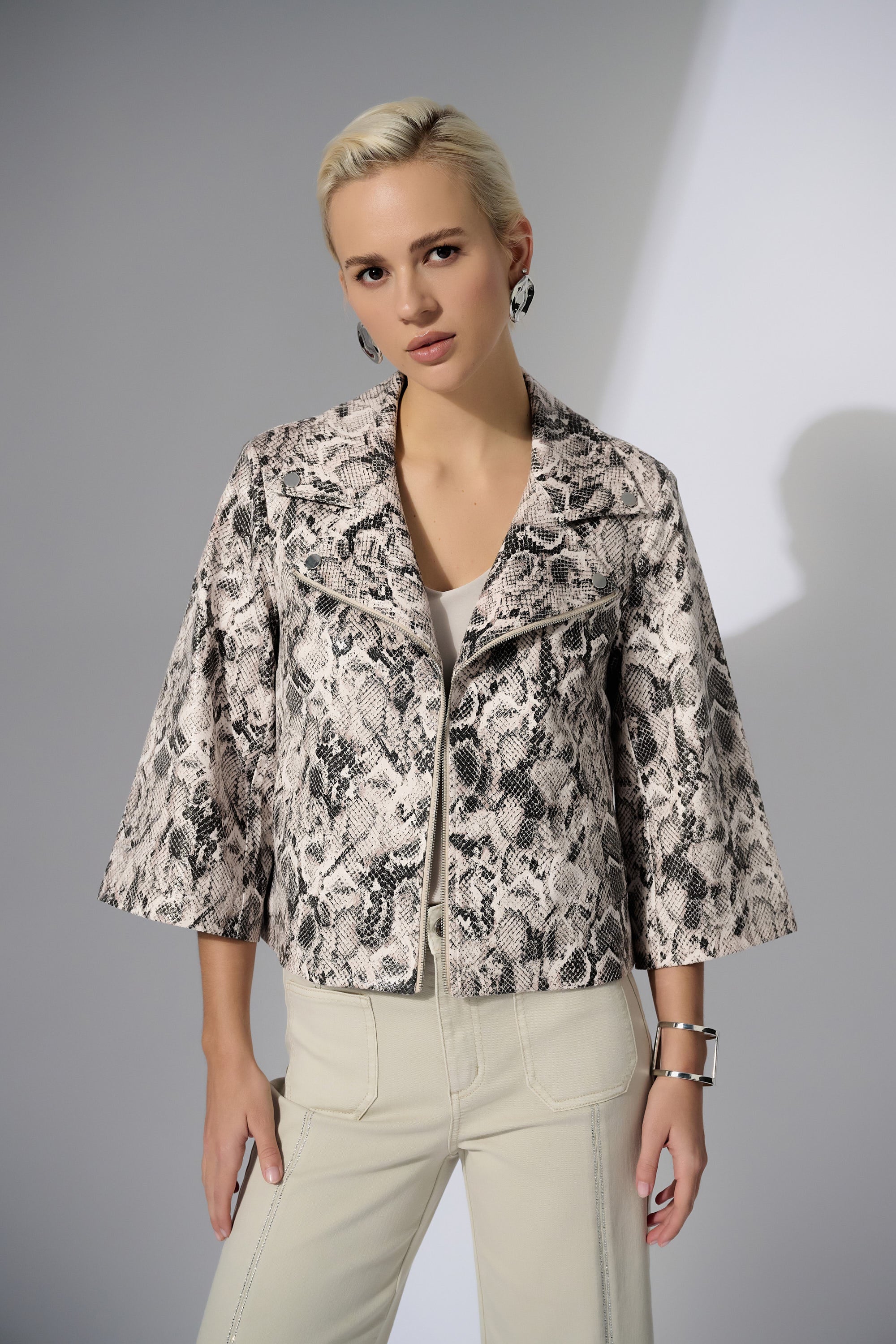 Joseph Ribkoff Beige/Multi Silky Knit Python Print Swing Jacket Style 252939 - Image 2