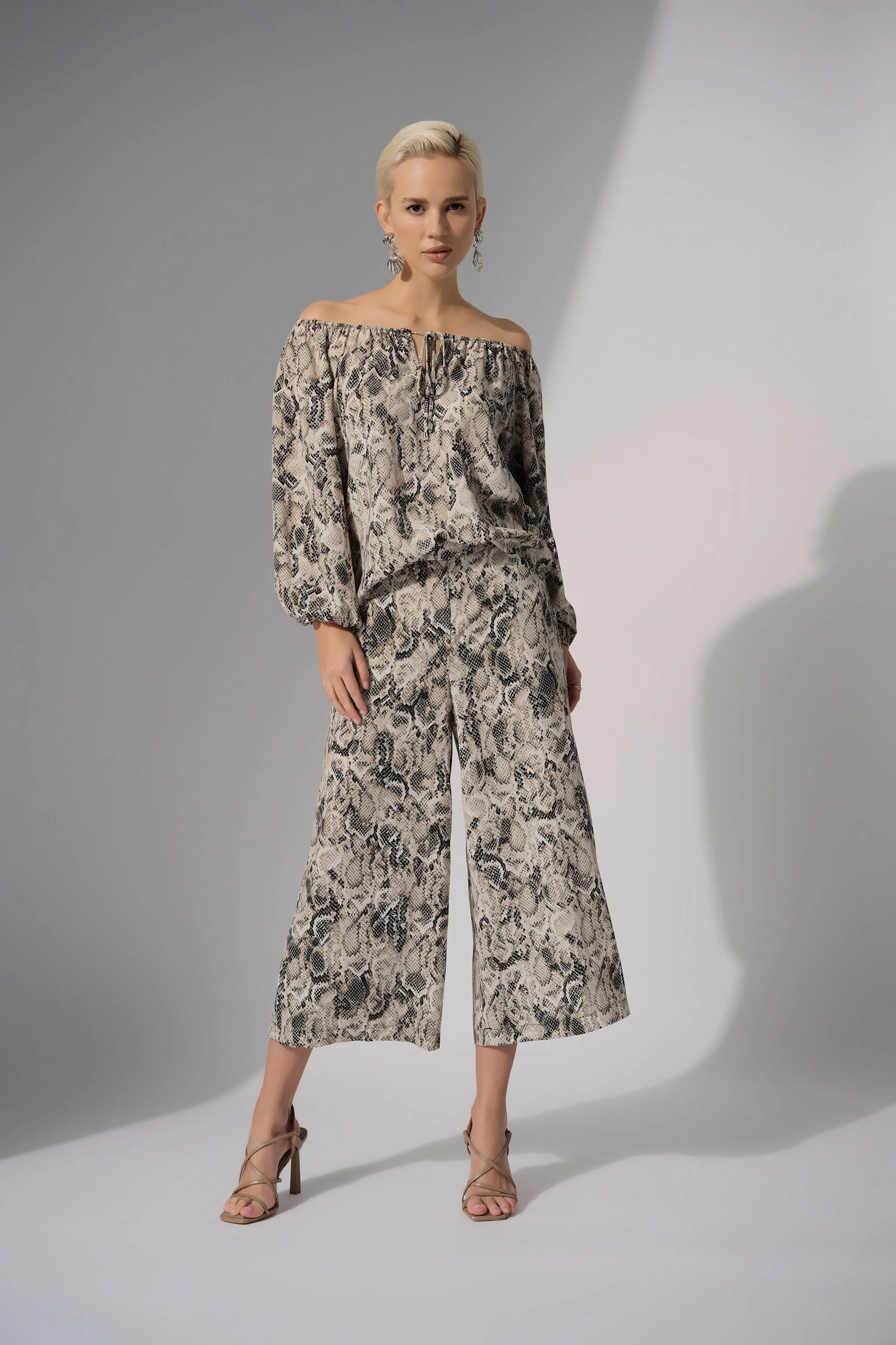 Joseph Ribkoff Beige/Multi Woven Gauze Python Print Flared Top Style 252241 - Image 2