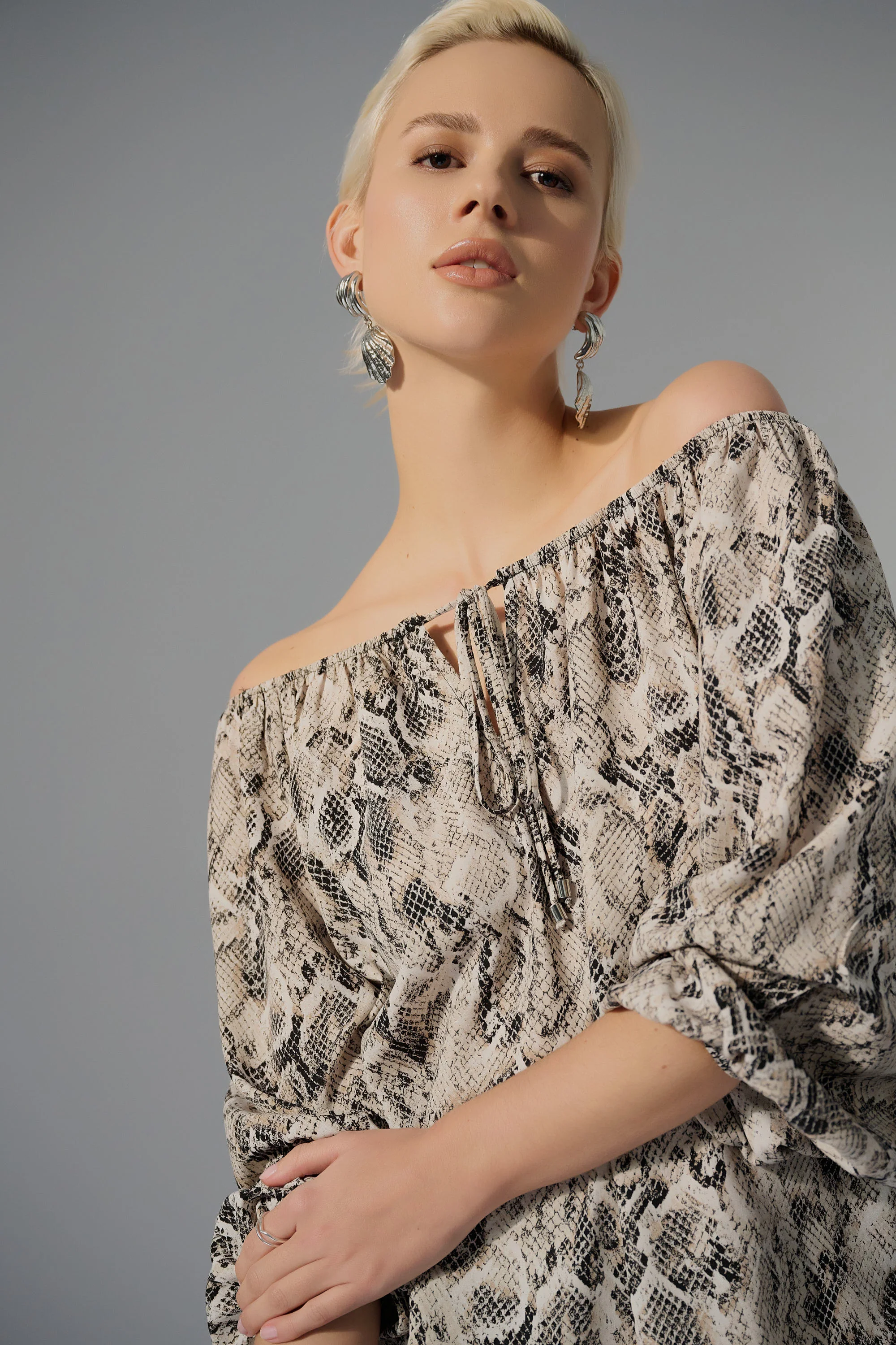 Joseph Ribkoff Beige/Multi Woven Gauze Python Print Flared Top Style 252241 - Image 3