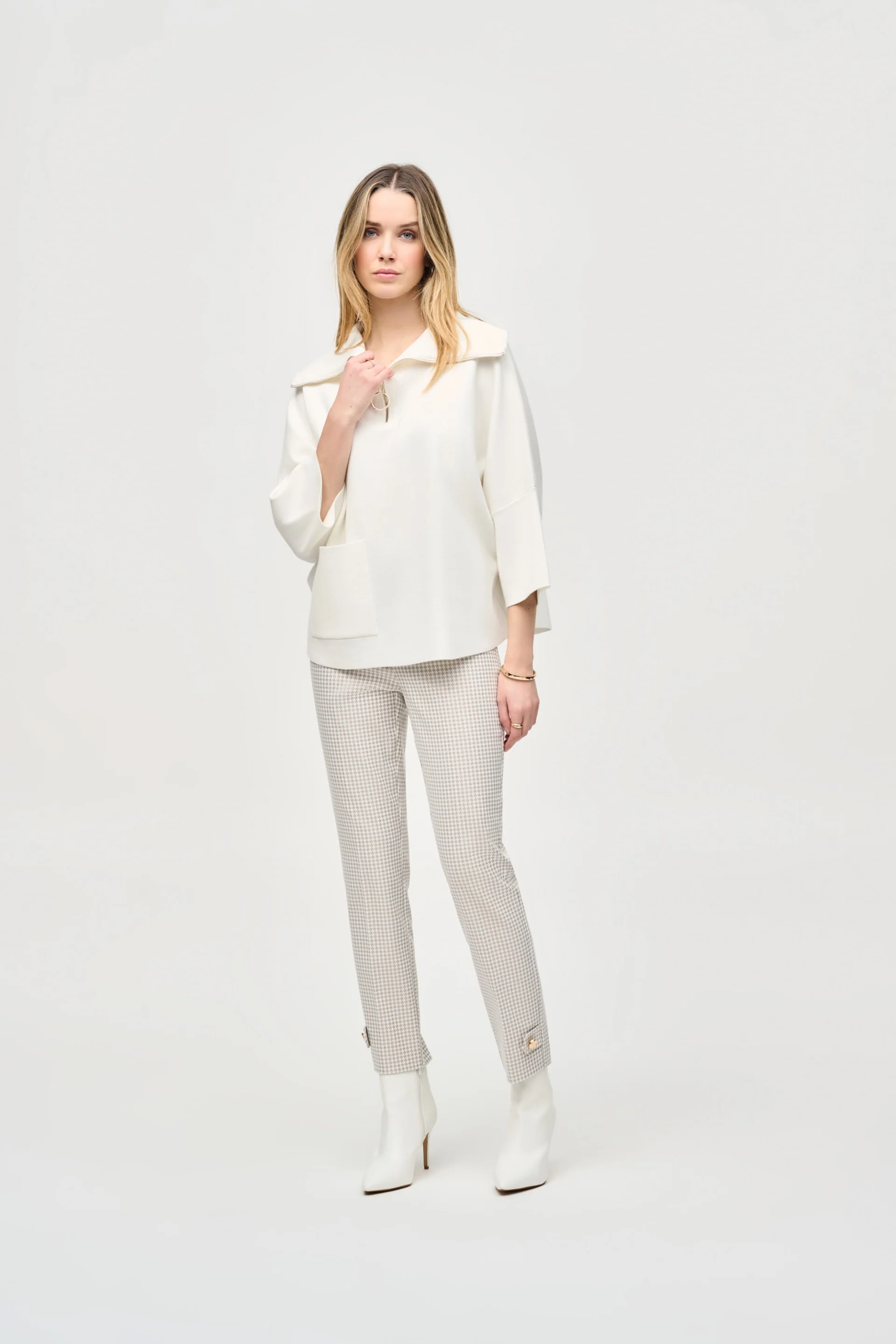 Joseph Ribkoff Beige/Off-White Houndstooth Jacquard Slim Fit Pants Style 243180 - Image 3