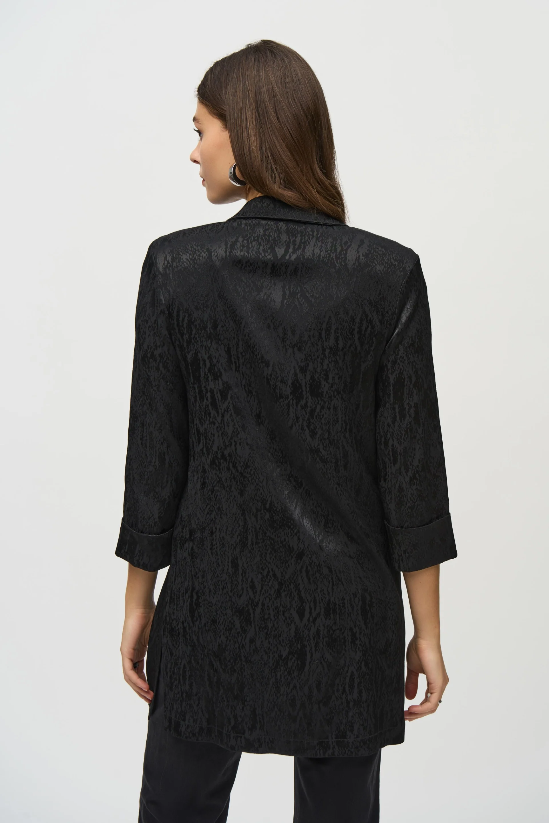 Joseph Ribkoff Black Animal Print Jacquard Long Blazer Style 244248 - Image 2