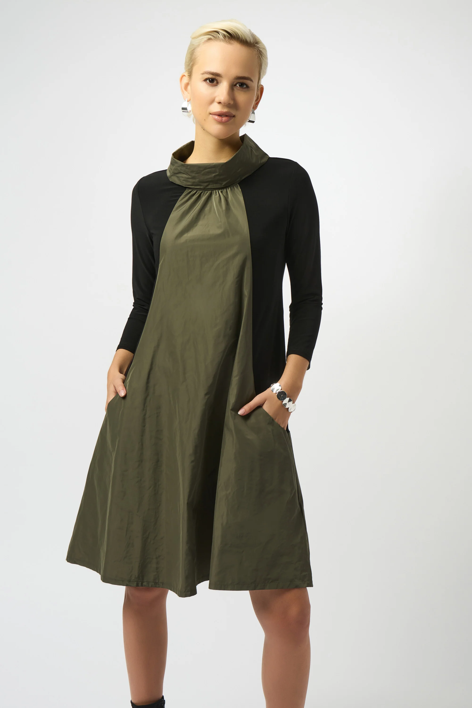 Joseph Ribkoff Black/Avocado Silky Knit & Memory Colour Block Dress Style 253067 - Image 2