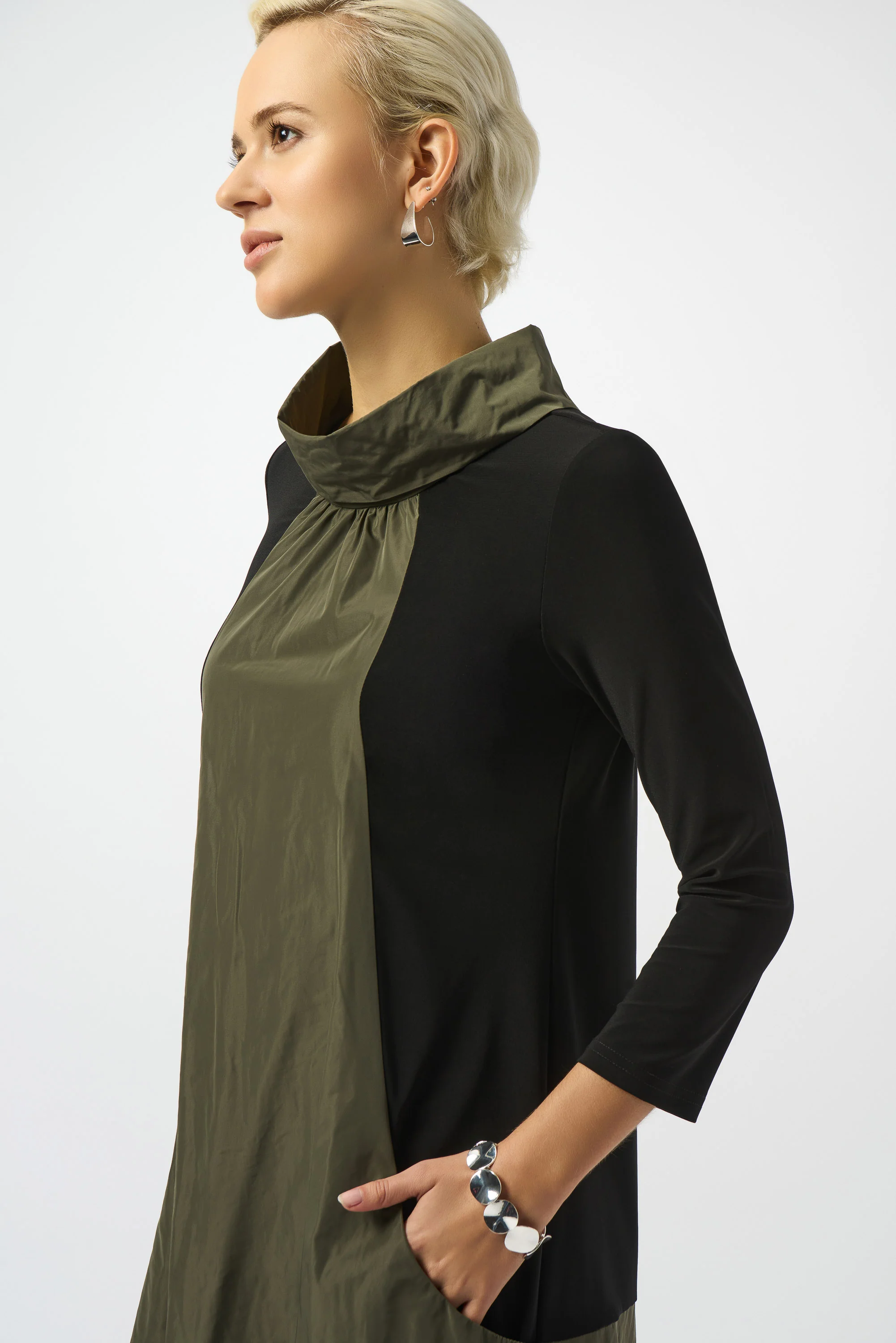 Joseph Ribkoff Black/Avocado Silky Knit & Memory Colour Block Dress Style 253067 - Image 3