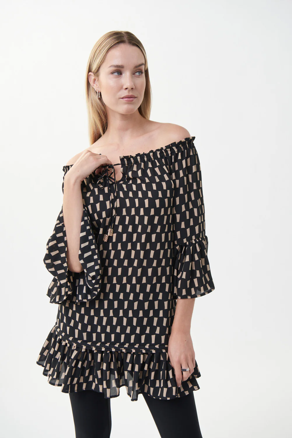 Joseph Ribkoff Black/Beige Off-Shoulder Blouse Style 222055