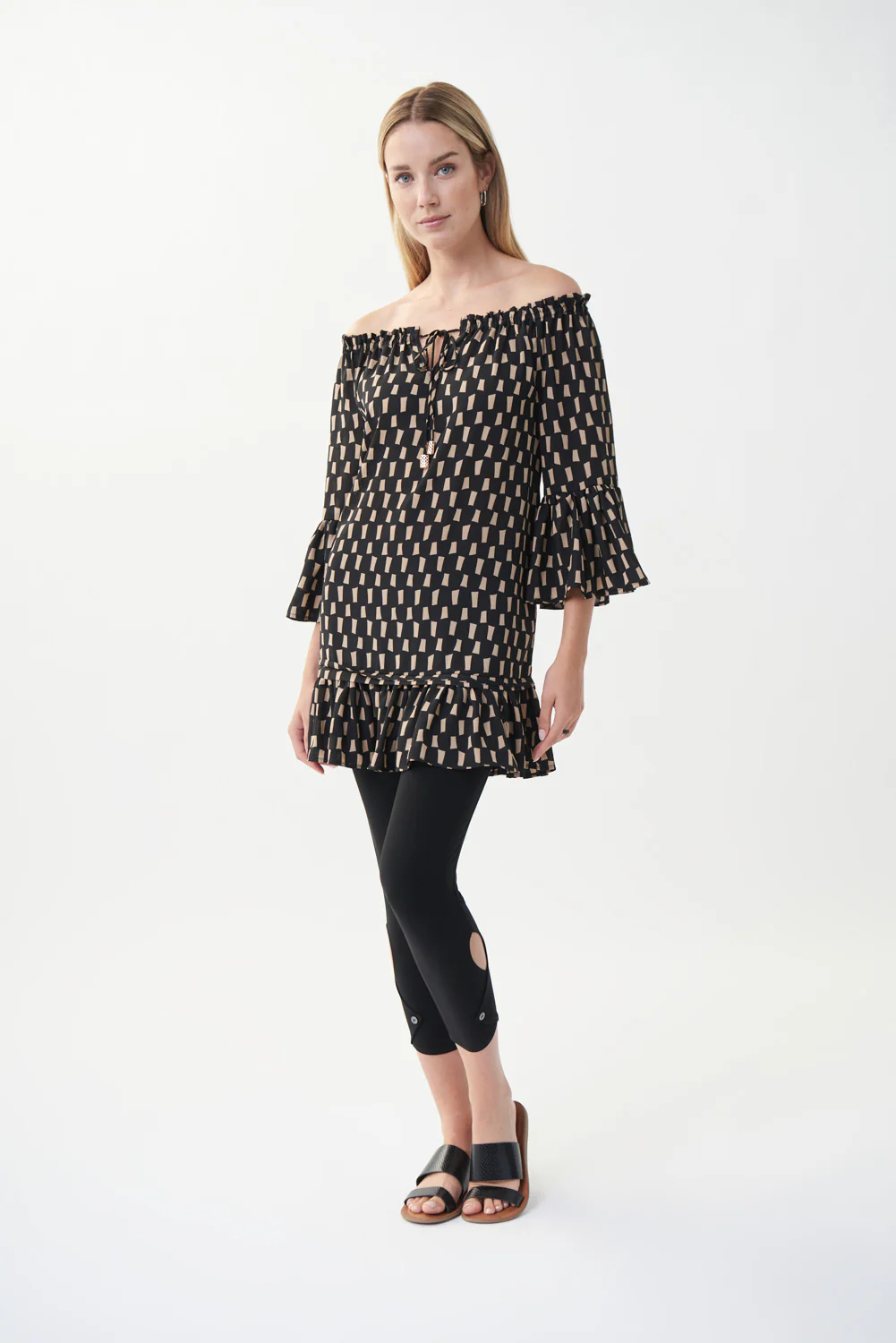 Joseph Ribkoff Black/Beige Off-Shoulder Blouse Style 222055 - Image 2