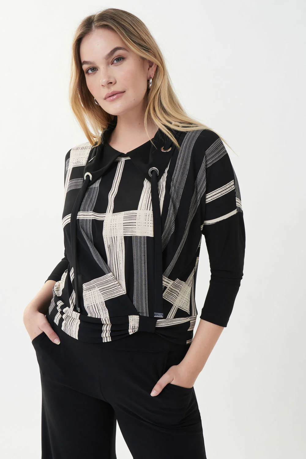Joseph Ribkoff Black/Beige Printed Drawstring Top Style 223011 - Image 2