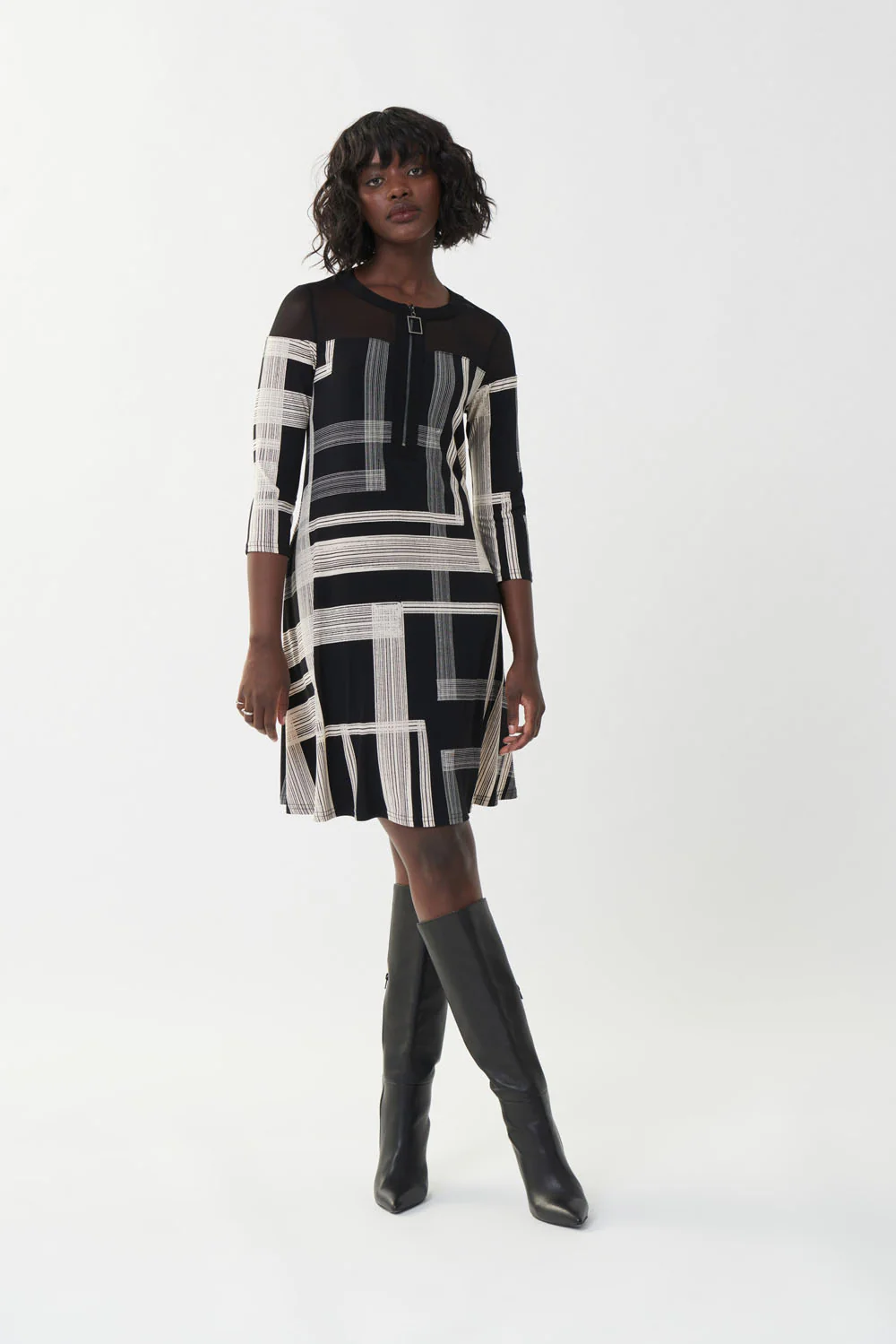 Joseph Ribkoff Black/Beige Sheer A-line Dress Style 223008