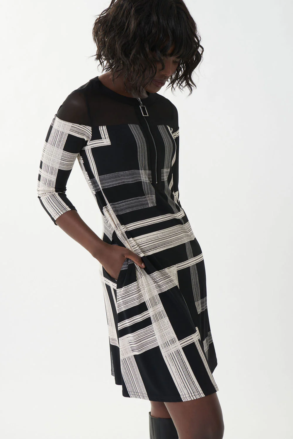 Joseph Ribkoff Black/Beige Sheer A-line Dress Style 223008 - Image 2