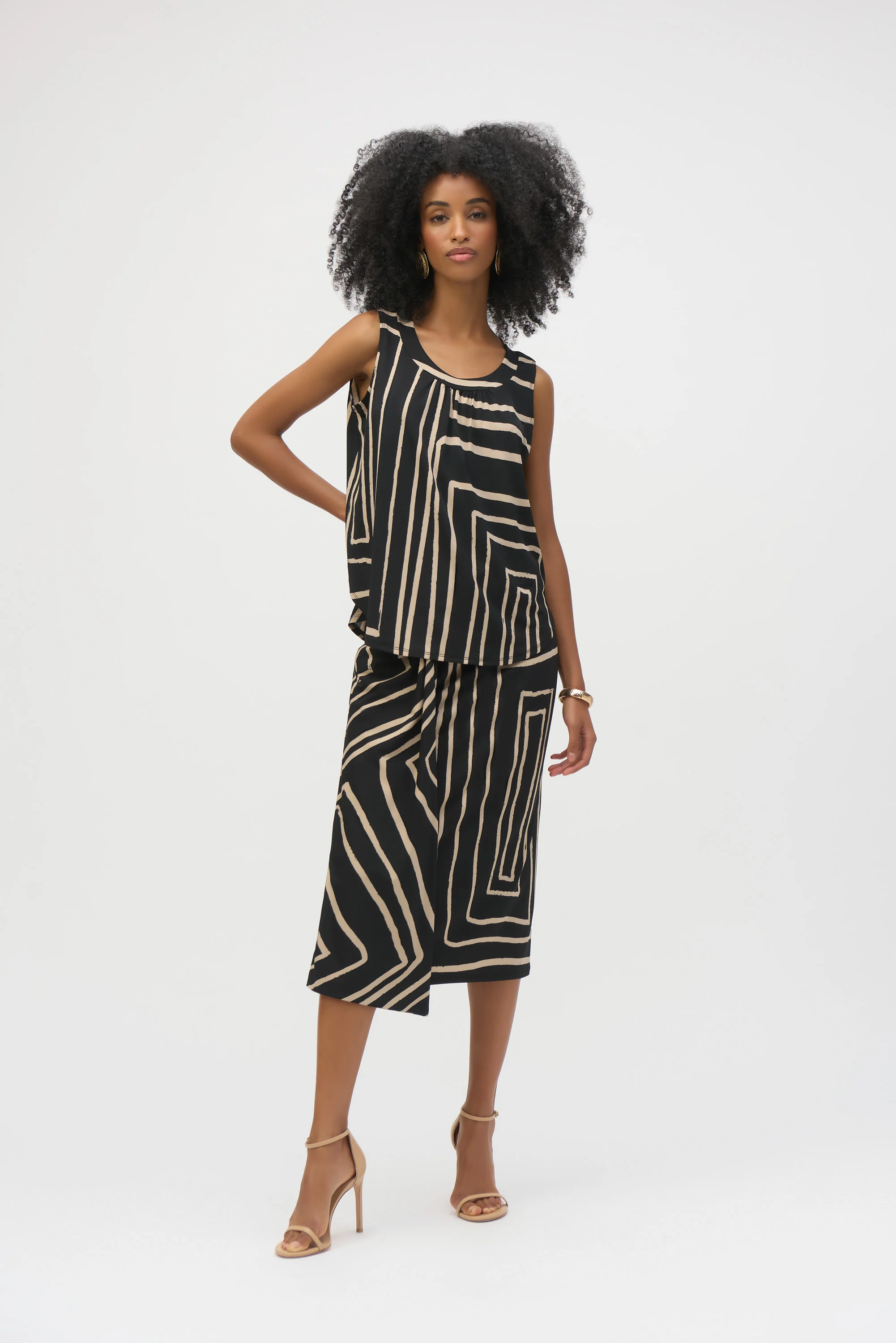 Joseph Ribkoff Black/Beige Silky Knit Geometric Print Sleeveless Top Style 252113 - Image 2