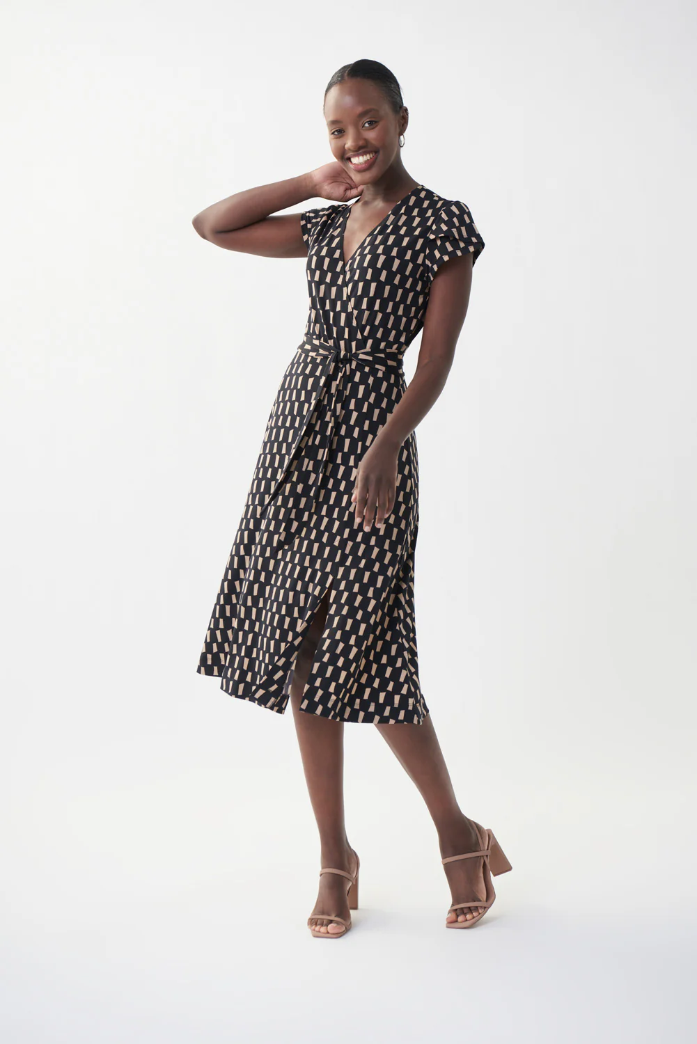 Joseph Ribkoff Black/Beige Wrap Front Dress Style 222202 - Image 2