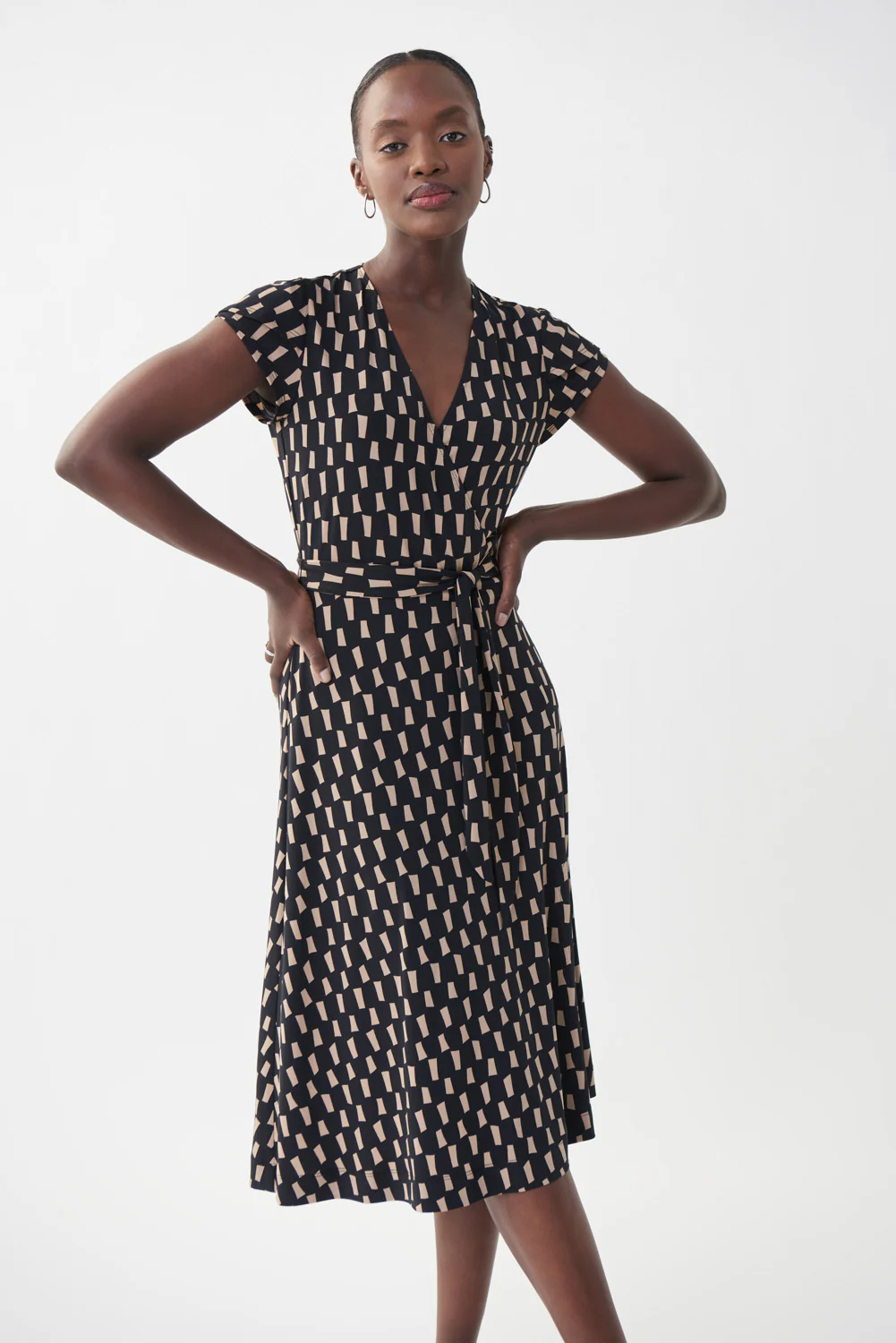 Joseph Ribkoff Black/Beige Wrap Front Dress Style 222202 - Image 3